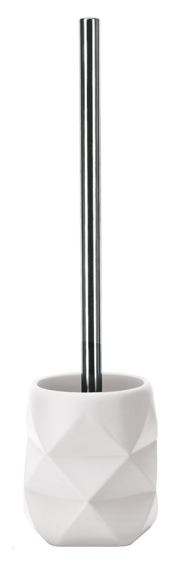 WC-Bürsten-Halter Crackle: Weißer Polyresin-Halter mit rundem Fuß und rautenförmiger Struktur, der eine silberfarbene WC-Bürste mit glänzendem Borstenkopf zeigt.