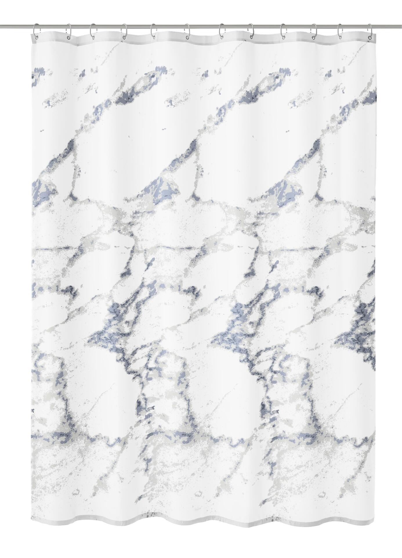 Duschvorhang TXT, Marble: Anthrazitfarbener Duschvorhang mit dekorativem Marmor-Muster in Weiß und Blautönen, frontal dargestellt.