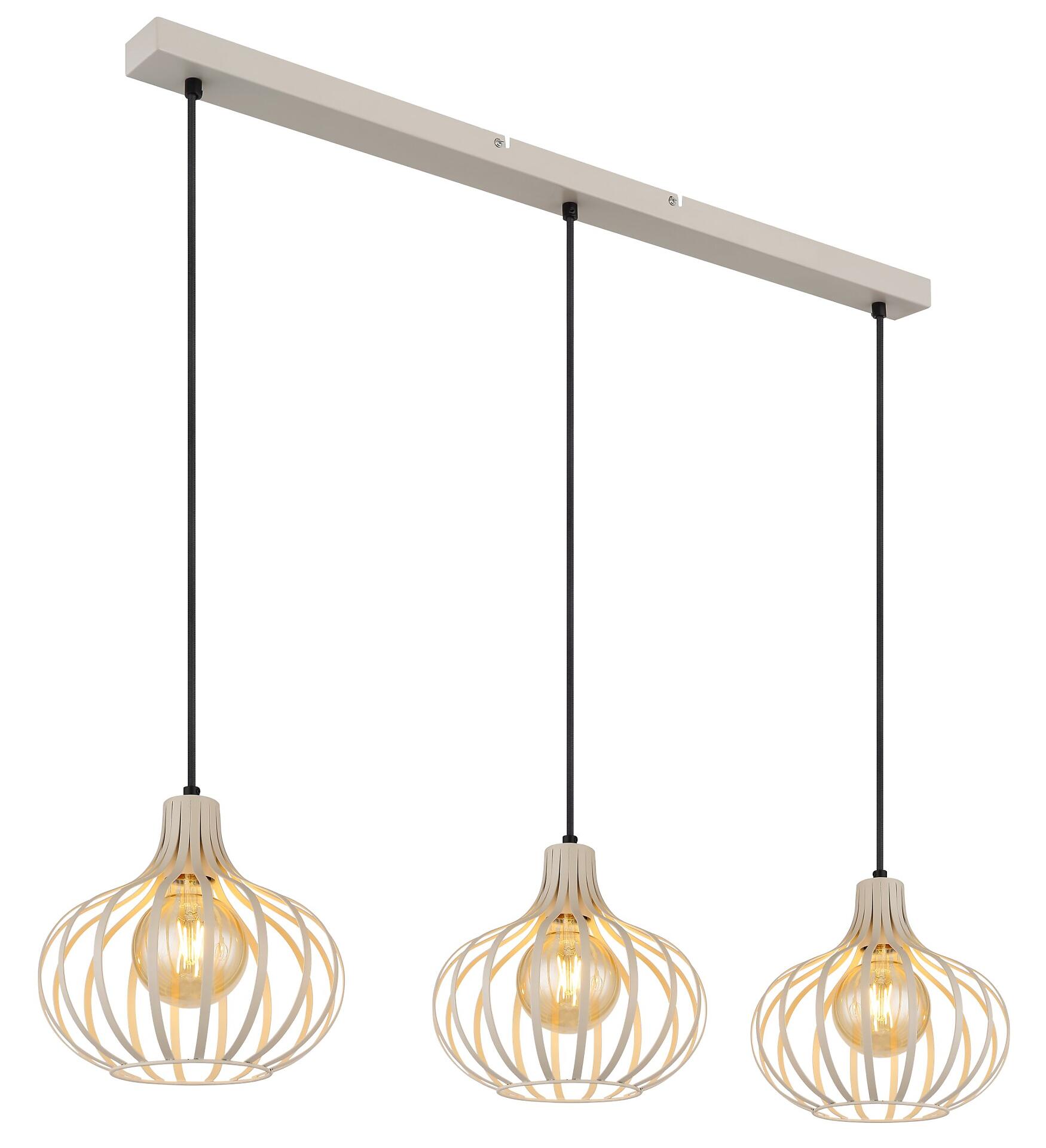 Hängeleuchte MATEO mit drei spiralförmigen, golden-beige gehaltenen Metallkörben und weißen Innenringen, dargestellt in einer Frontalperspektive an einer weißen Deckenplatte.