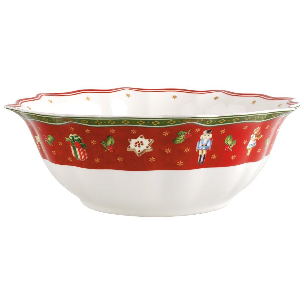 Weihnachtliche Schüssel Toy's Delight von Villeroy & Boch mit gewelltem Rand und festlichem Dekor aus der Vogelperspektive.