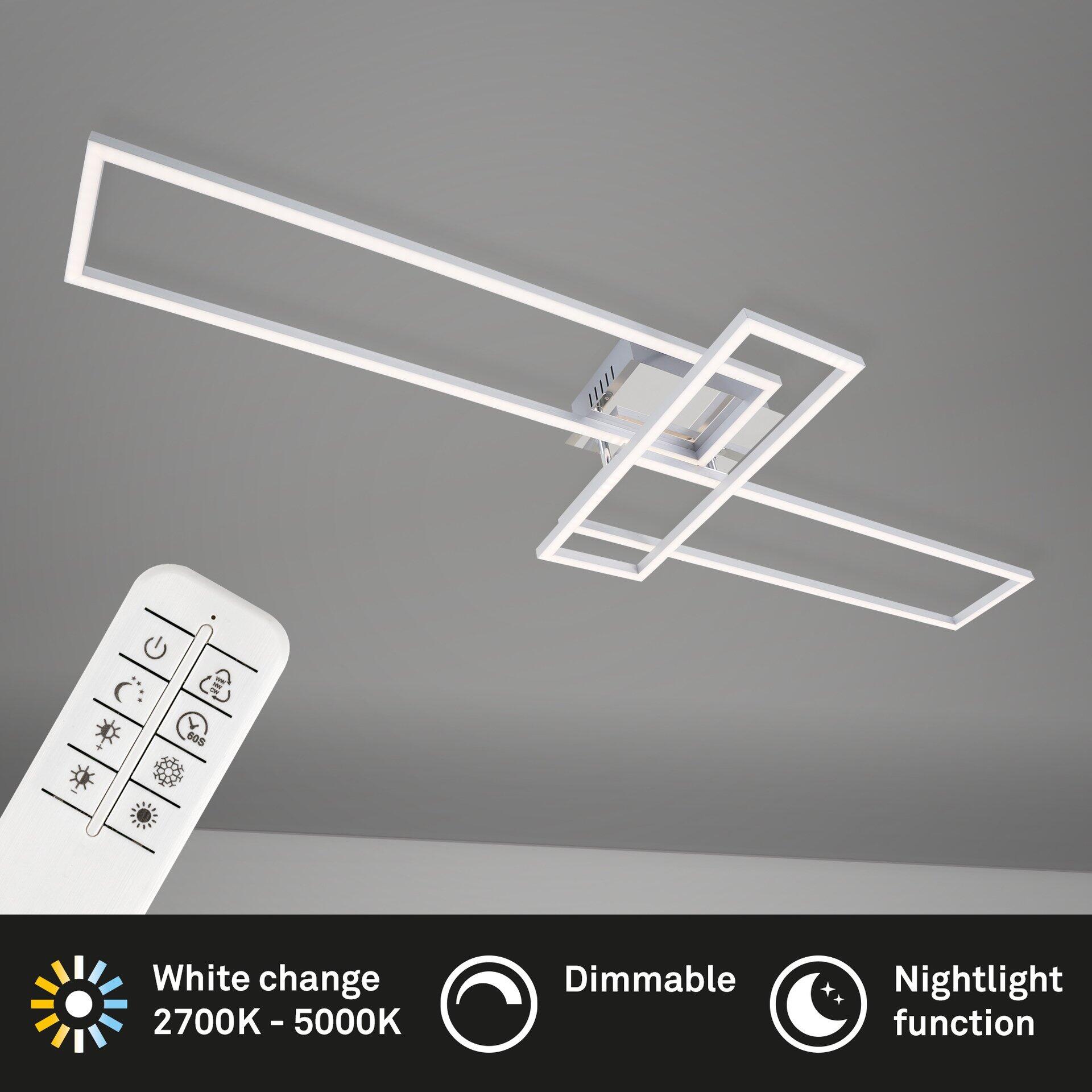 Deckenleuchte Frame mit geometrischem Design, das von unten beleuchtete, ineinander verschachtelte Rahmen zeigt und über Fernbedienung dimmbar sowie mit Warmweiß- und Nachtlichtfunktion steuerbar ist.