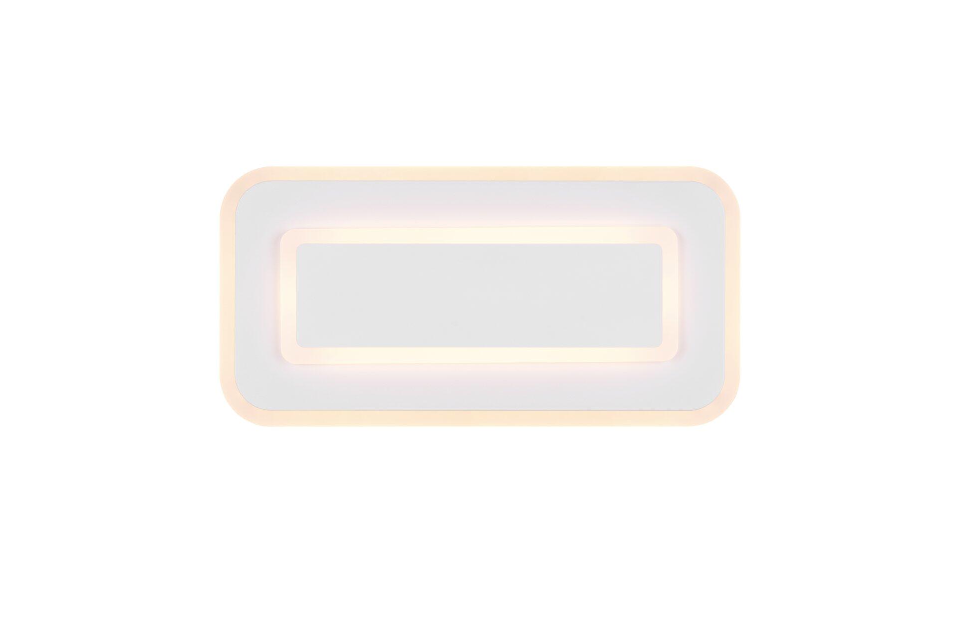 Deckenleuchte Riva, rechteckiges Design mit abgerundeten Ecken und weißem Diffusor, der in Frontalperspektive warmes, gleichmäßig verteiltes Licht ausstrahlt.