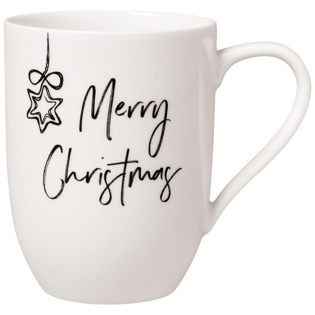 Weißer Becher "Merry Christmas" von Villeroy & Boch mit konischer Form, elegantem Henkel und weihnachtlichem Dekor.