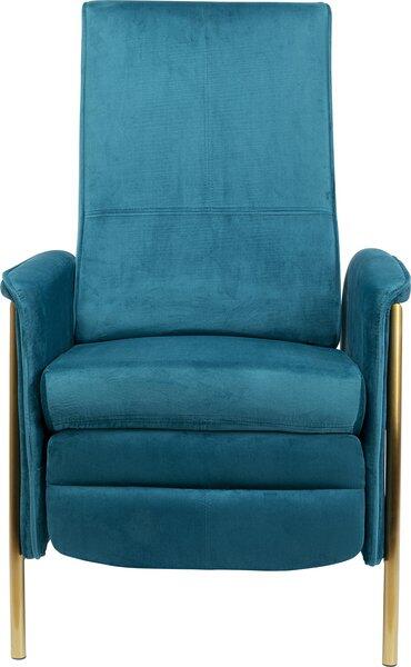 Relaxsessel Lazy Velvet Blau mit integrierbarer Fußstütze, goldenen Edelstahlfüßen und hochbezogener Rückenlehne, frontal in dreiviertel Ansicht.