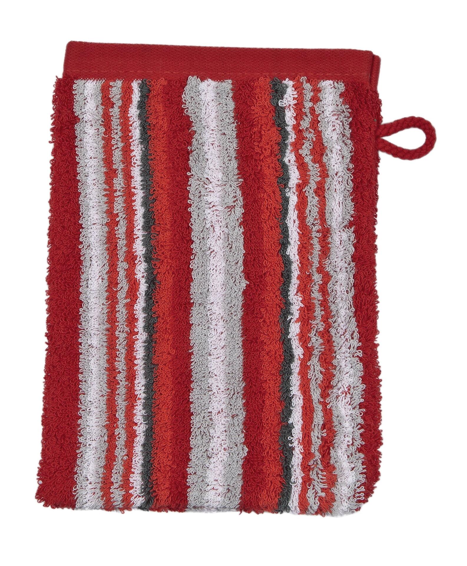 Roter und grauer Waschlappen Sinfonie aus Baumwolle mit gebürsteter Oberfläche, Streifenmuster, abgerundeten Ecken und Aufhängeschlaufe, Vogelperspektive.