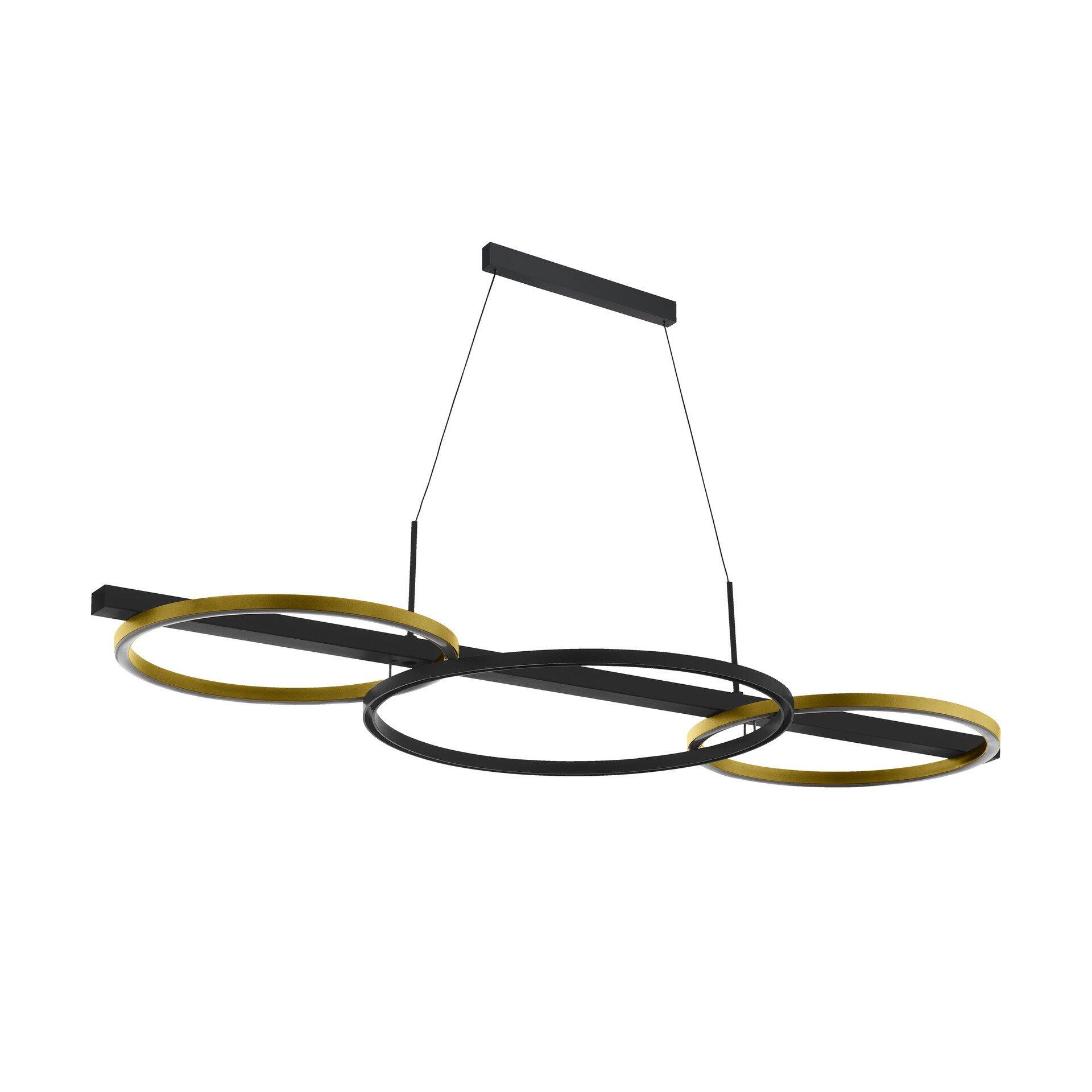 Pendelleuchte Lanacera: Moderne Pendelleuchte mit drei ineinander verschachtelten, goldenen Ringen und schlankem Design, dargestellt in einer Drahtperspektive vor weißem Hintergrund.
