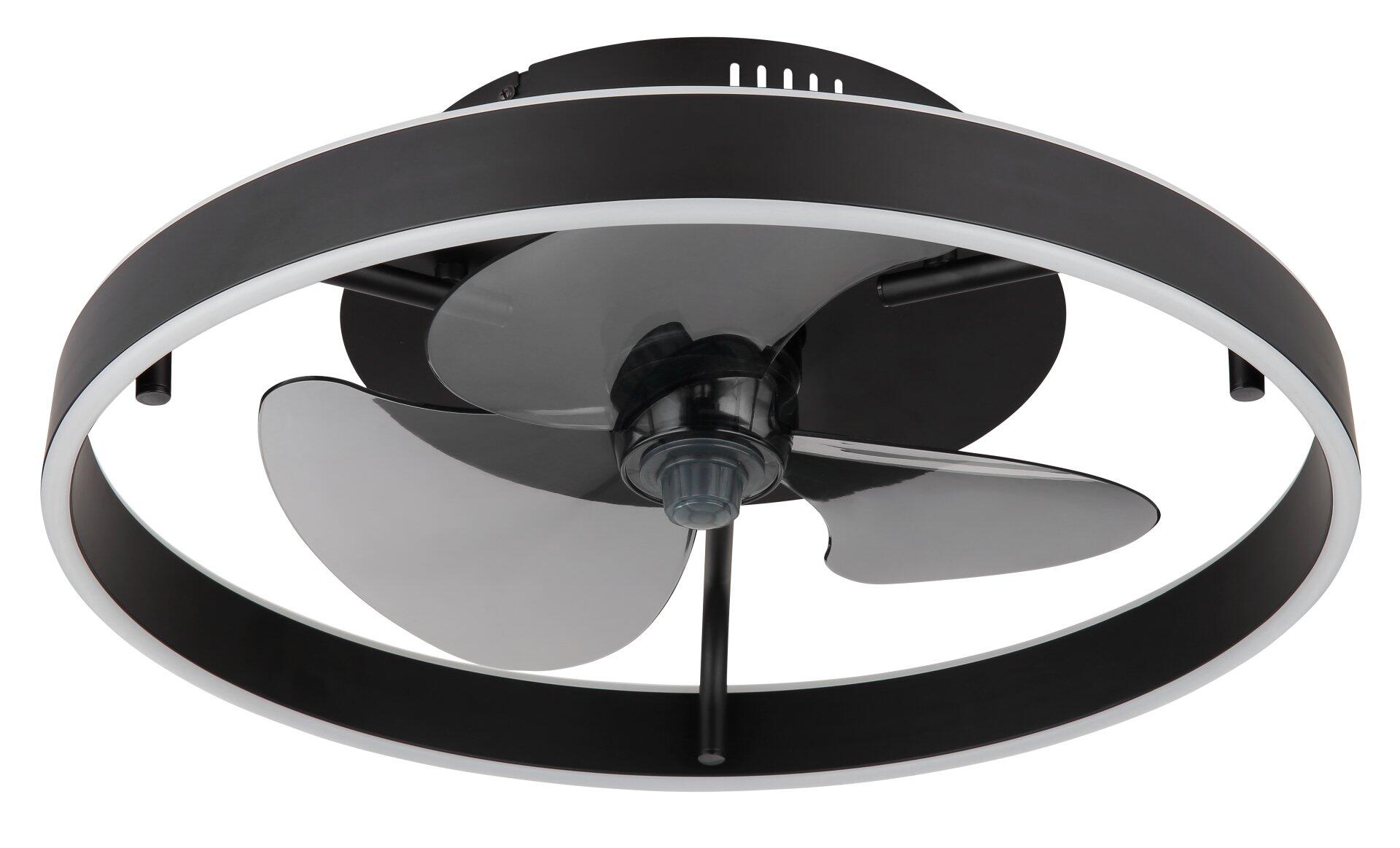Deckenventilator CONWAY in ¾-Ansicht mit dunklem Metallrahmen und silbernem Kreis im Zentrum, der ein modernes Design für stilvolle Beleuchtung und Belüftung zeigt.