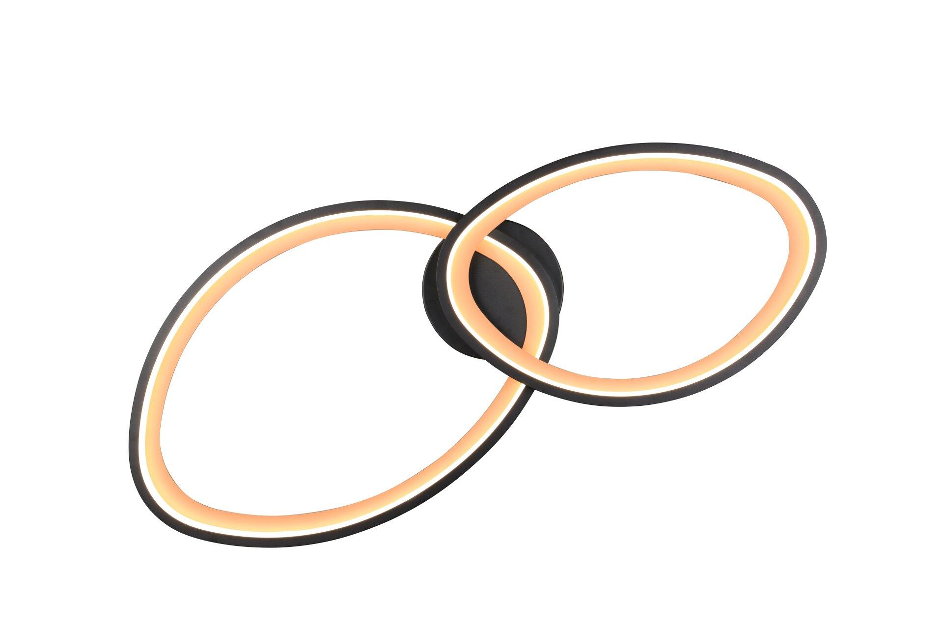Deckenleuchte Sivo mit ineinander verschlungenen, orangefarbenen und schwarzen Ringelementen, die das Design der Leuchte hervorheben.