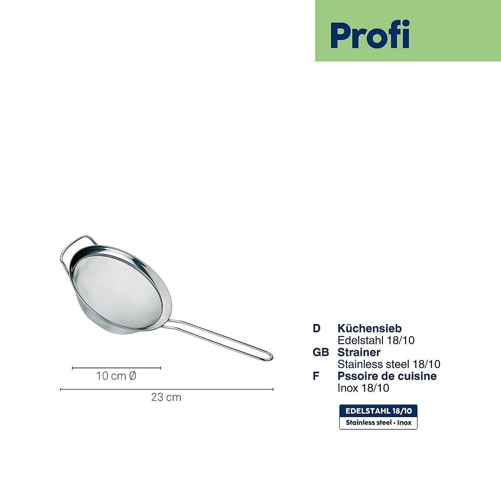 Küchensieb Profi aus Edelstahl mit Ø 10 cm und einer Gesamtlänge von 23 cm, dargestellt in einer schrägen Perspektive mit erkennbarer, feinmaschiger Siebfläche und Messangaben am Griff.