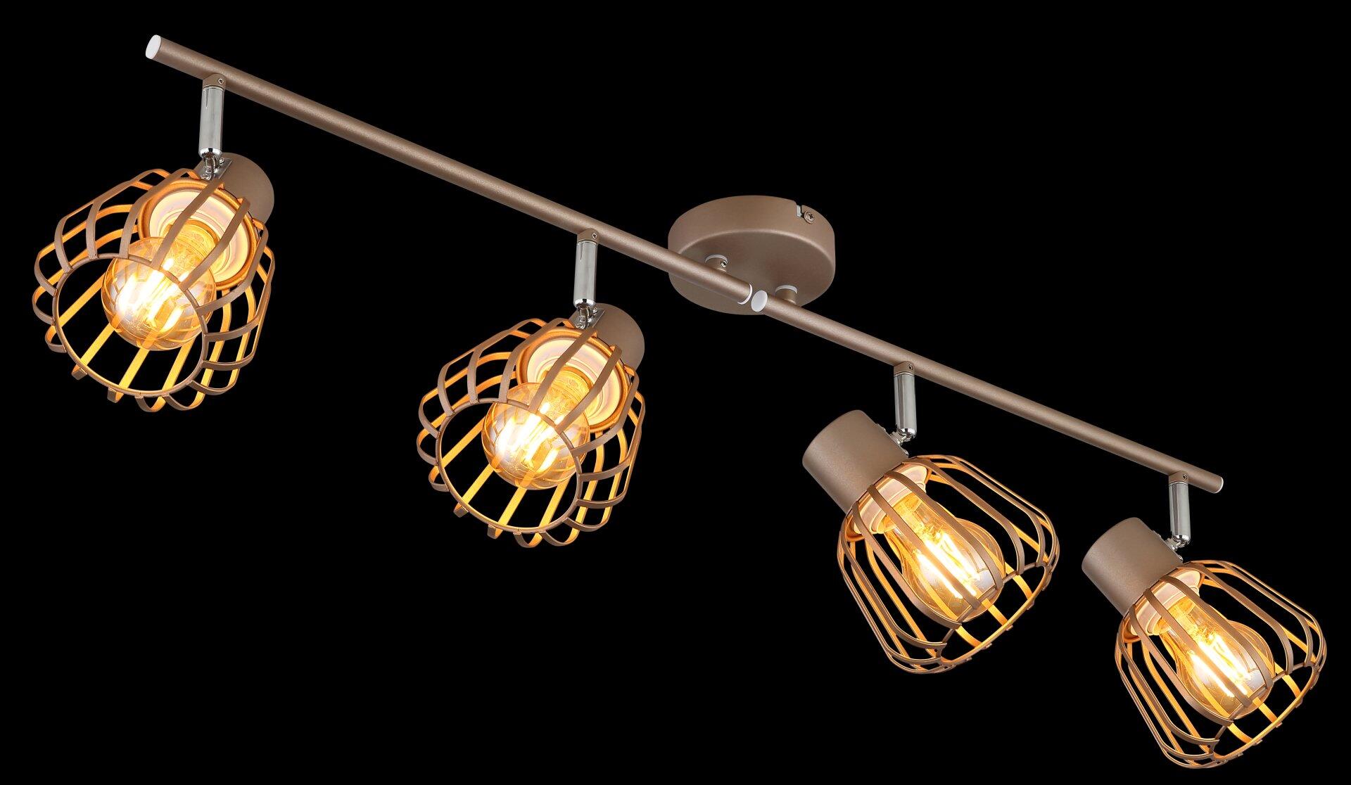 Mehrfach-Schienenspot Strahler OLIN mit vier dreh- und schwenkbaren Spots in metallischem Kupfer-Design auf dunkelbrauner Schiene.