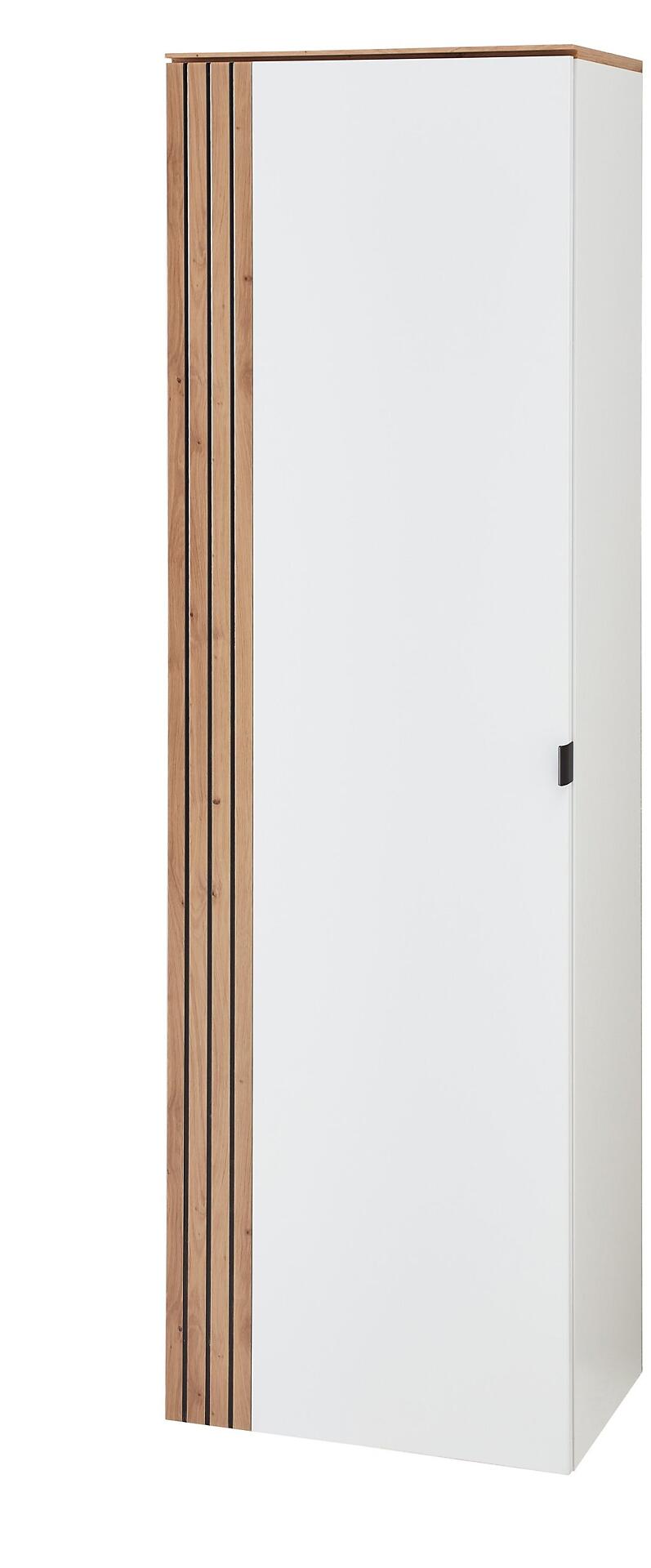 Hängeschrank Diana mit weißer Front, Riffeloptik aus Artisan Eiche an der linken Seite und integriertem Griff.