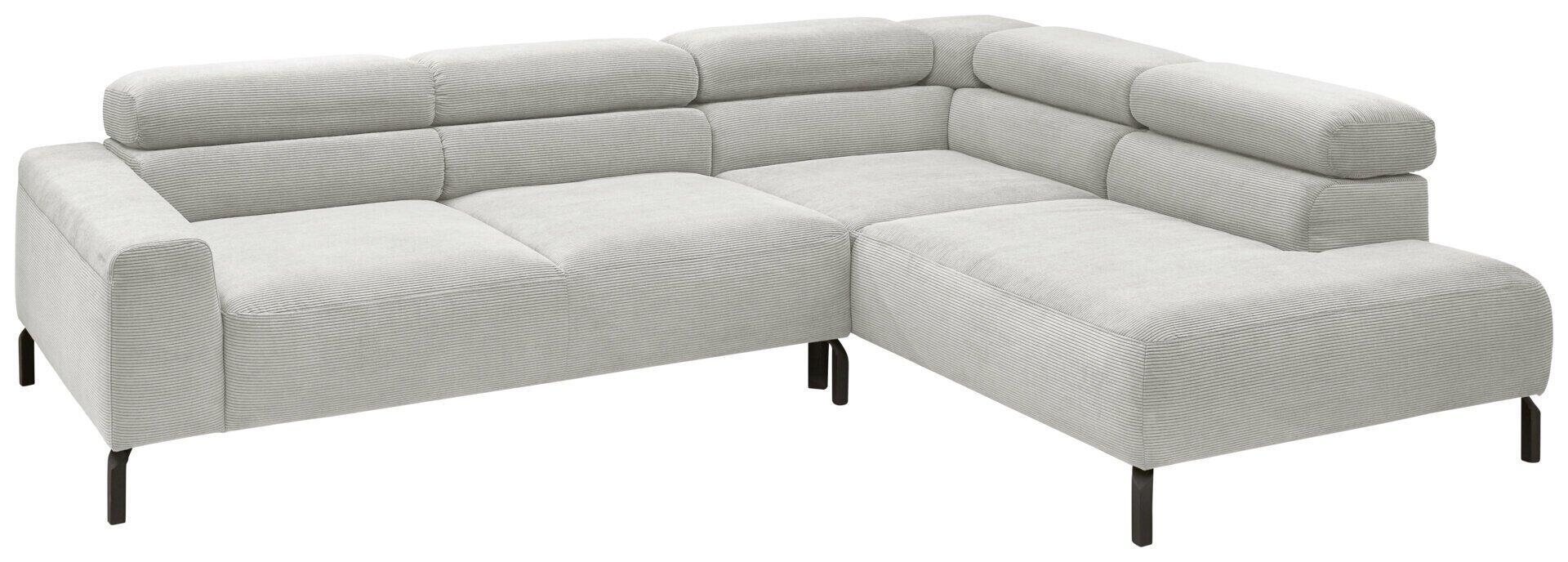 Eckcouch Pure 9129 in Grau mit schwarzen Metallfüßen, abgetrenntem Fußteil und dynamisch gestalteten Rückenlehnen in einer Dreiviertelansicht.