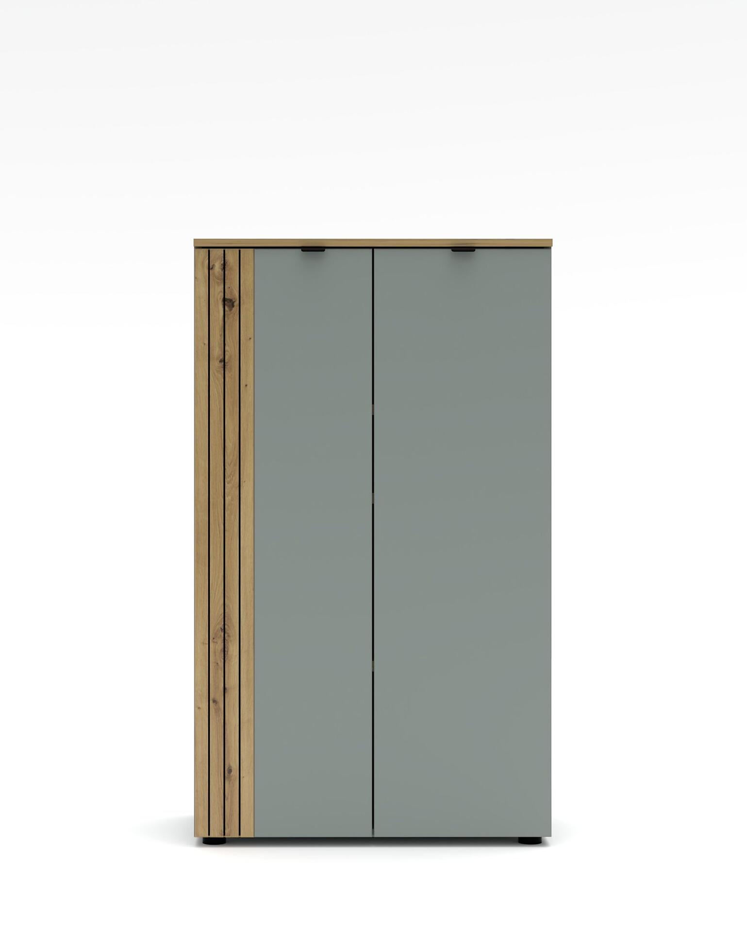 Büroschrank Diana mit Schilfgrün-Front und Artisan-Eiche-Leistenoptik, Detailaufnahme der linken Tür mit vertikalen Holzlamellen und silberfarbenen Griffen.