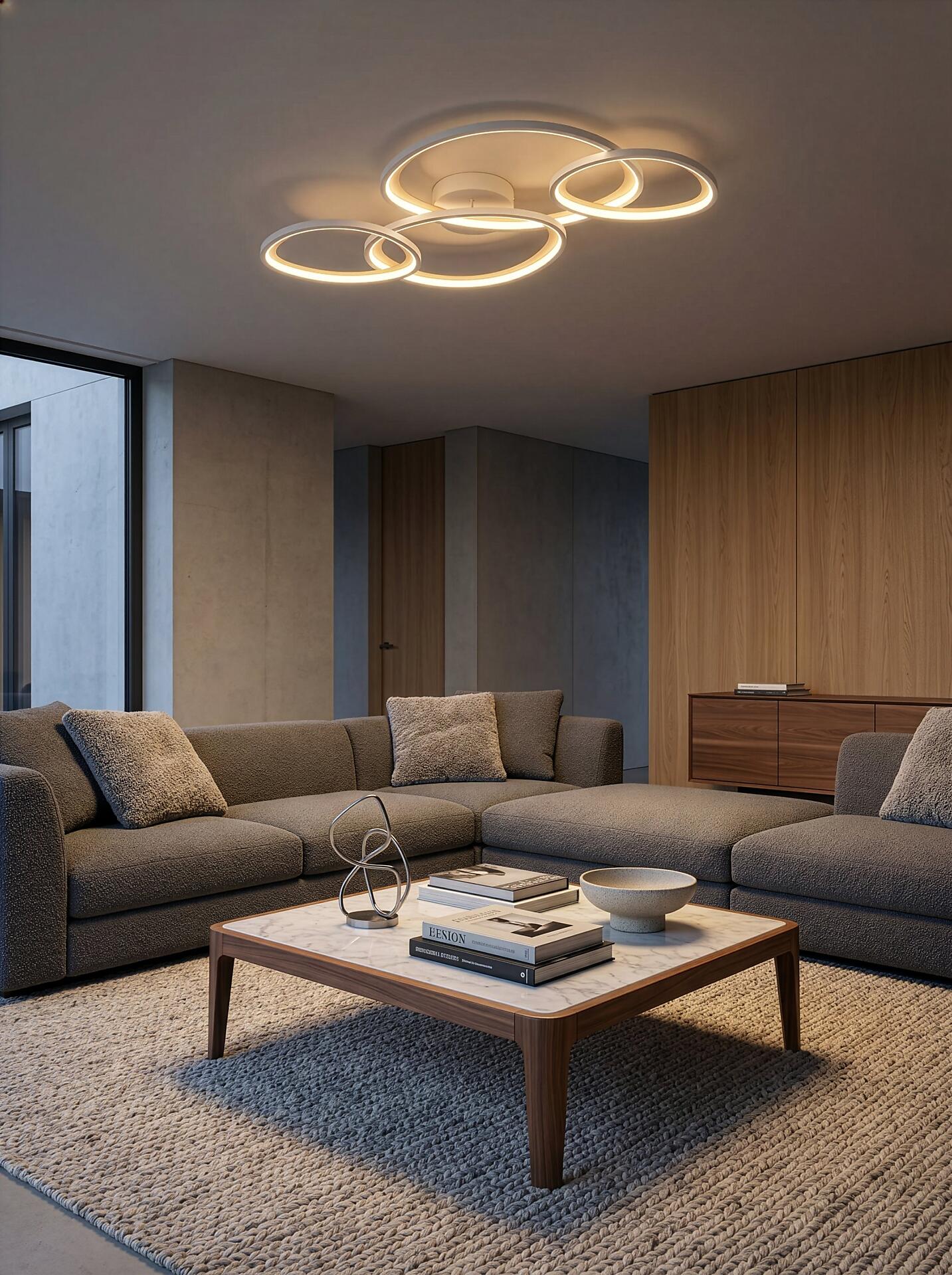 Moderne Deckenleuchte Sivo mit goldenen Ringen, die ein Wohnzimmer stilvoll beleuchtet und einen Couchtisch in den Fokus rückt.