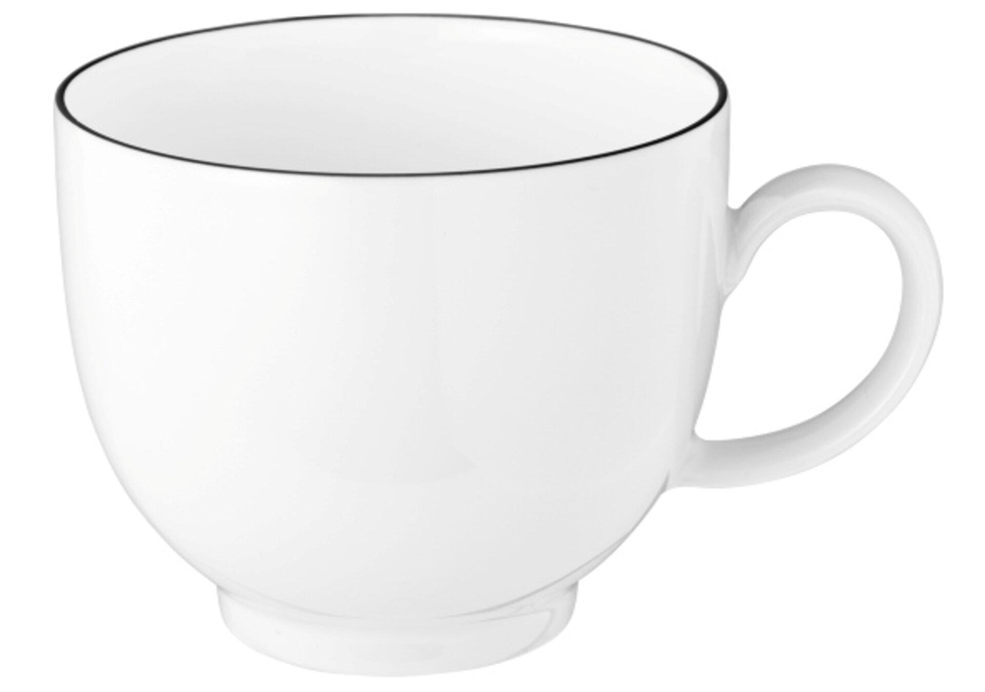Kaffeeobertasse Lido mit schwarzem Farbrand und schlanker Form, aus leicht unterhalb des Randes fotografiert.
