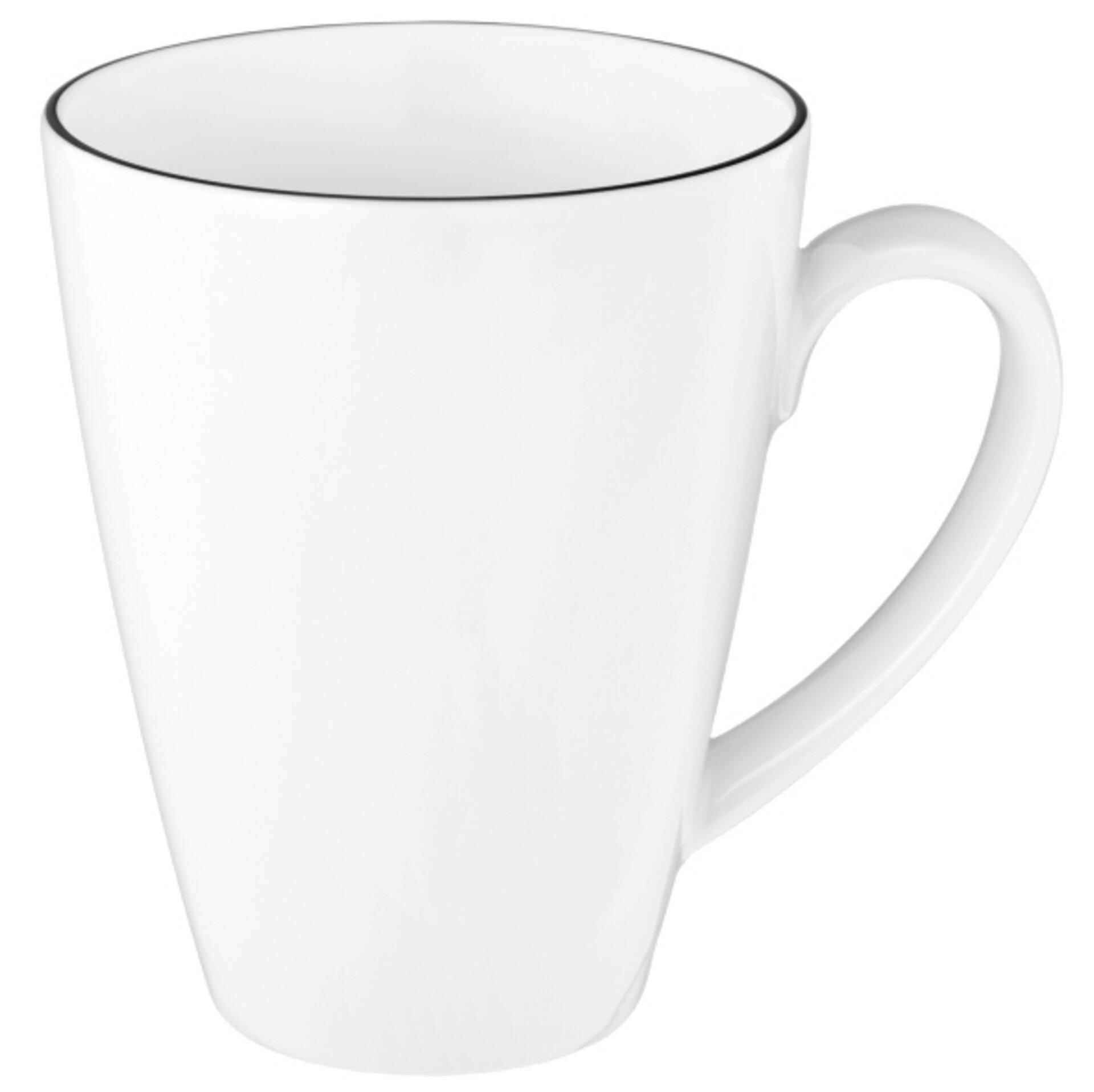Weiße Kaffeetasse "Lido" mit konischem Schaft, leicht gebogenem Henkel und schwarzem Dekorrand, geeignet für Spülmaschine, Kühlschrank, Mikrowelle und Salamander.