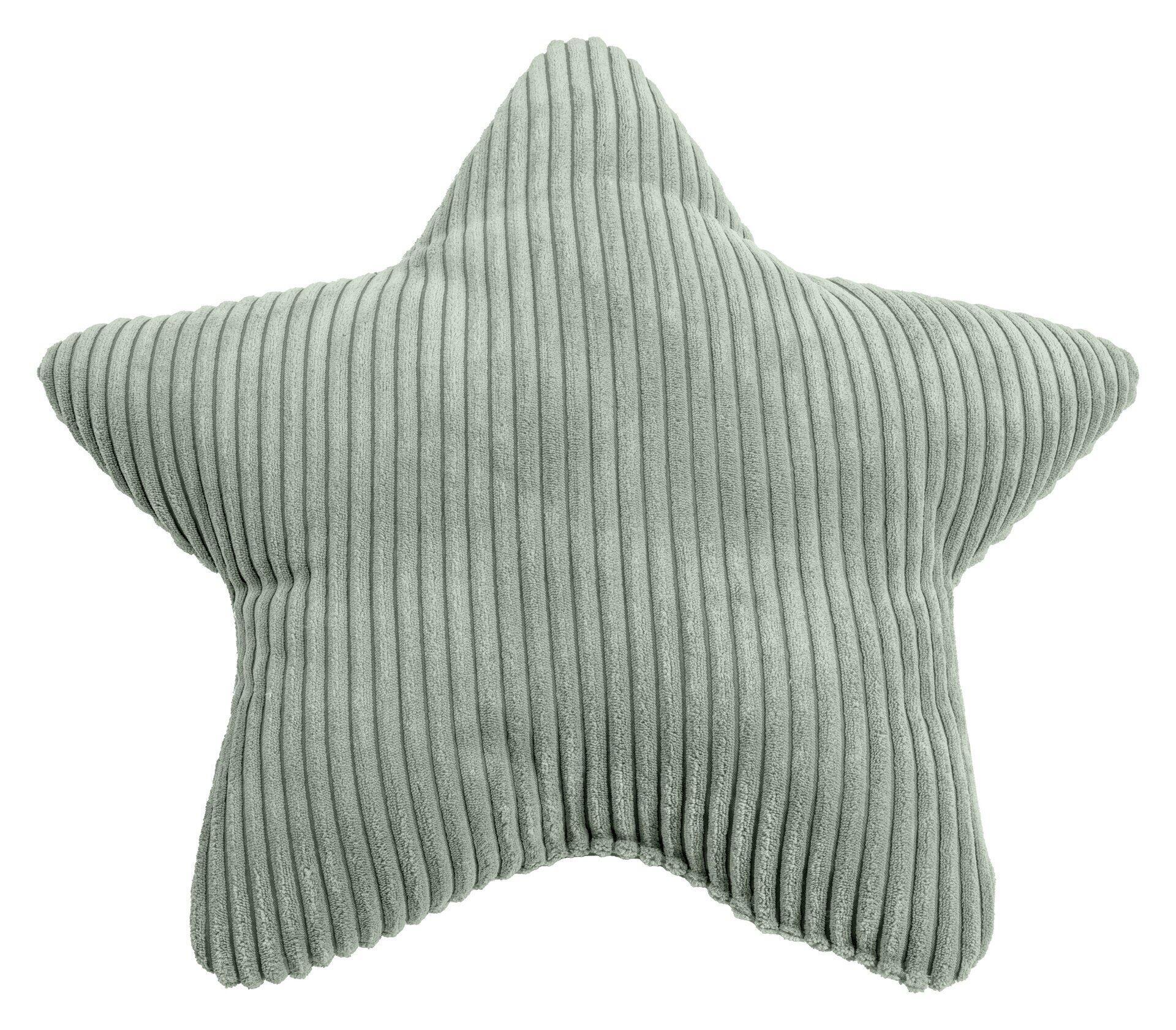 Sternkissen Shara in Salbeigrün mit Flauschcord-Struktur, frontal und aus erhöhter Perspektive abgebildet.