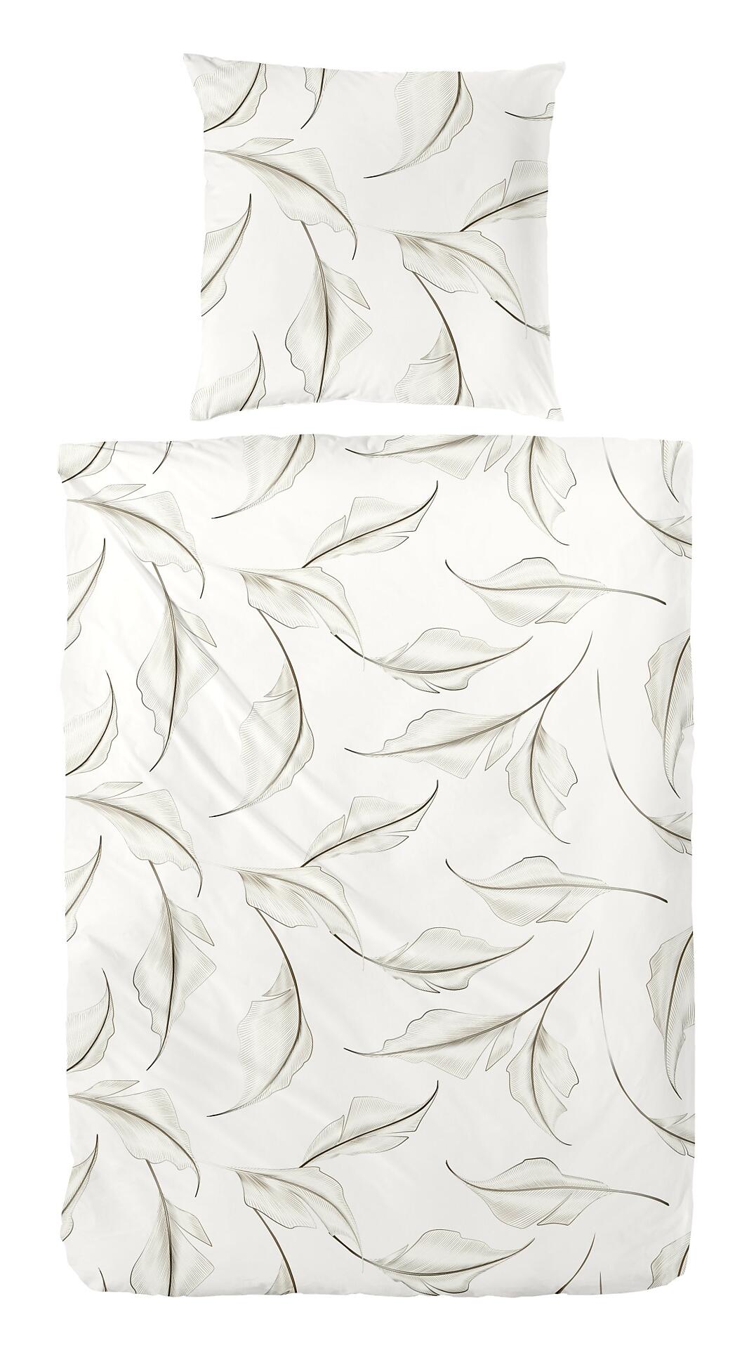 Braune Mako-Satin-Bettwäsche aus 100% Baumwolle mit stilisiertem Blättermotiv in Grautönen und geradem Schnitt.