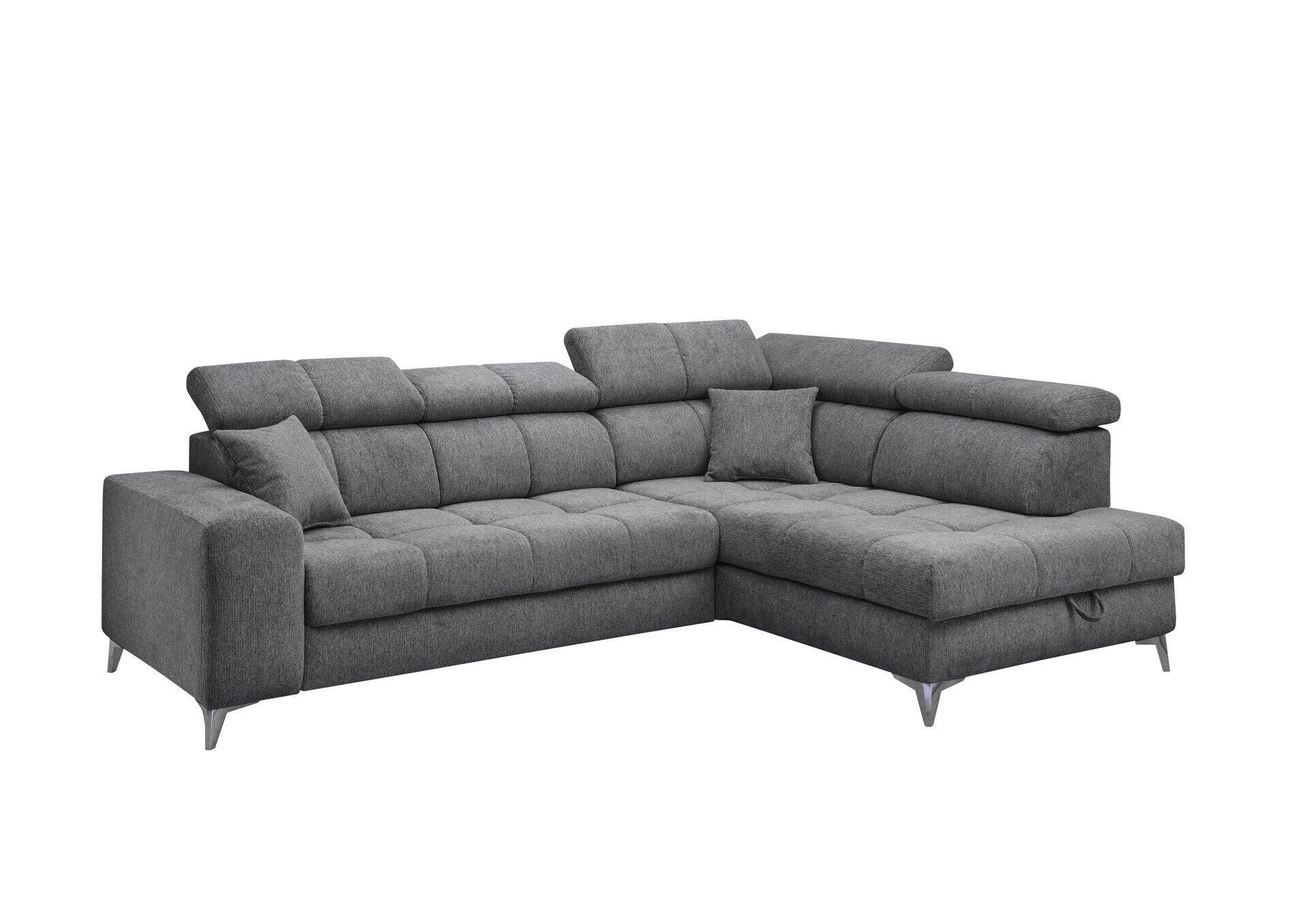 Detailaufnahme des grauen Ecksofas Sydney mit geöffnetem Stauraum, der durch einen seitlichen Mechanismus zugänglich gemacht wird und Platz für zwei Kissen bietet.