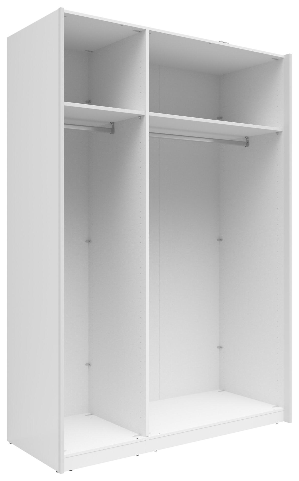 Kleiderschrank Neo mit zwei Innenebenen, jeweils mit Kleiderstange und Befestigungspunkten für Regalböden, aus der Frontansicht.