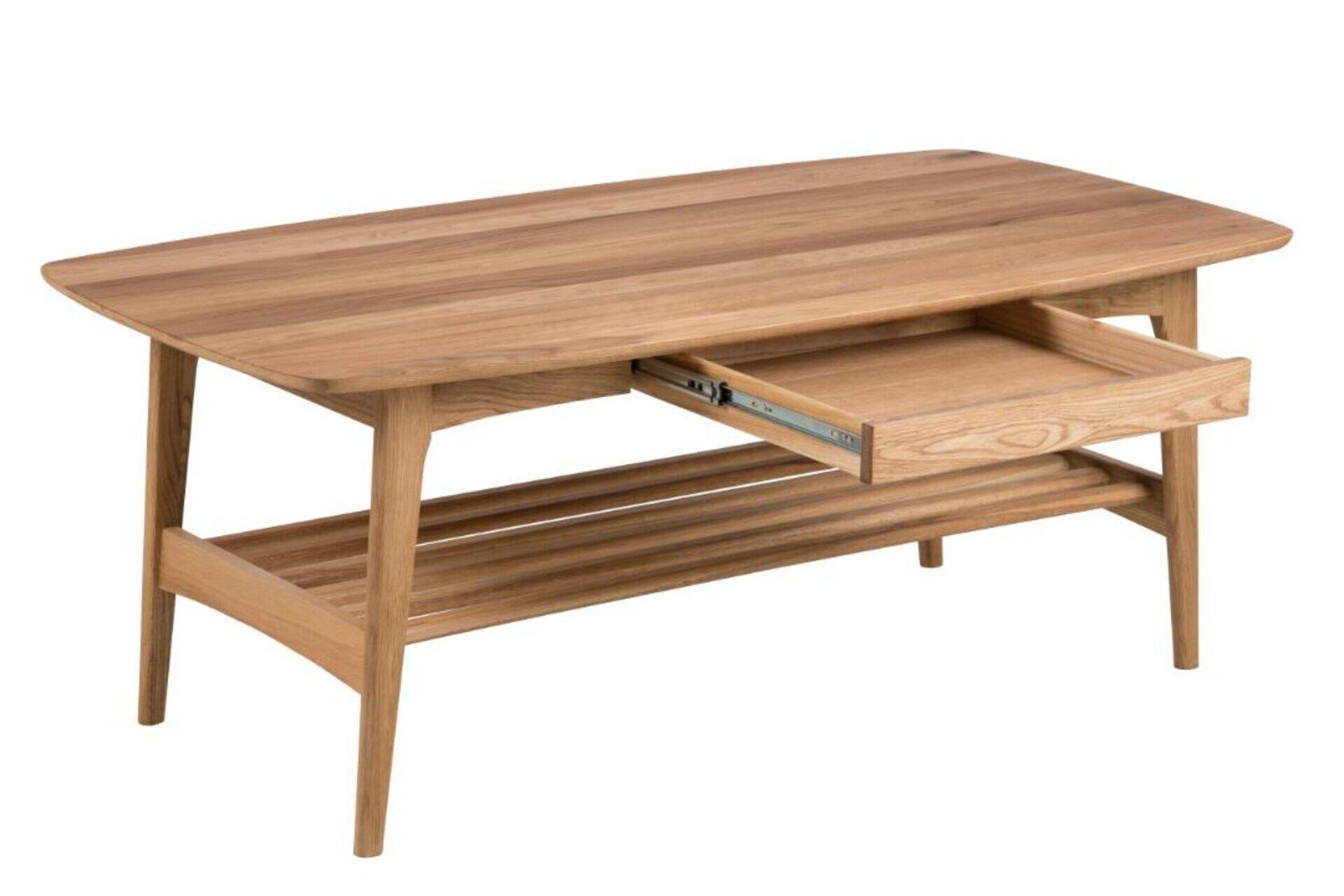 Couchtisch Emma aus Eichenholzfurnier mit Schublade, Regalboden und Metallauszugsschiene, aus Seitenperspektive dargestellt.