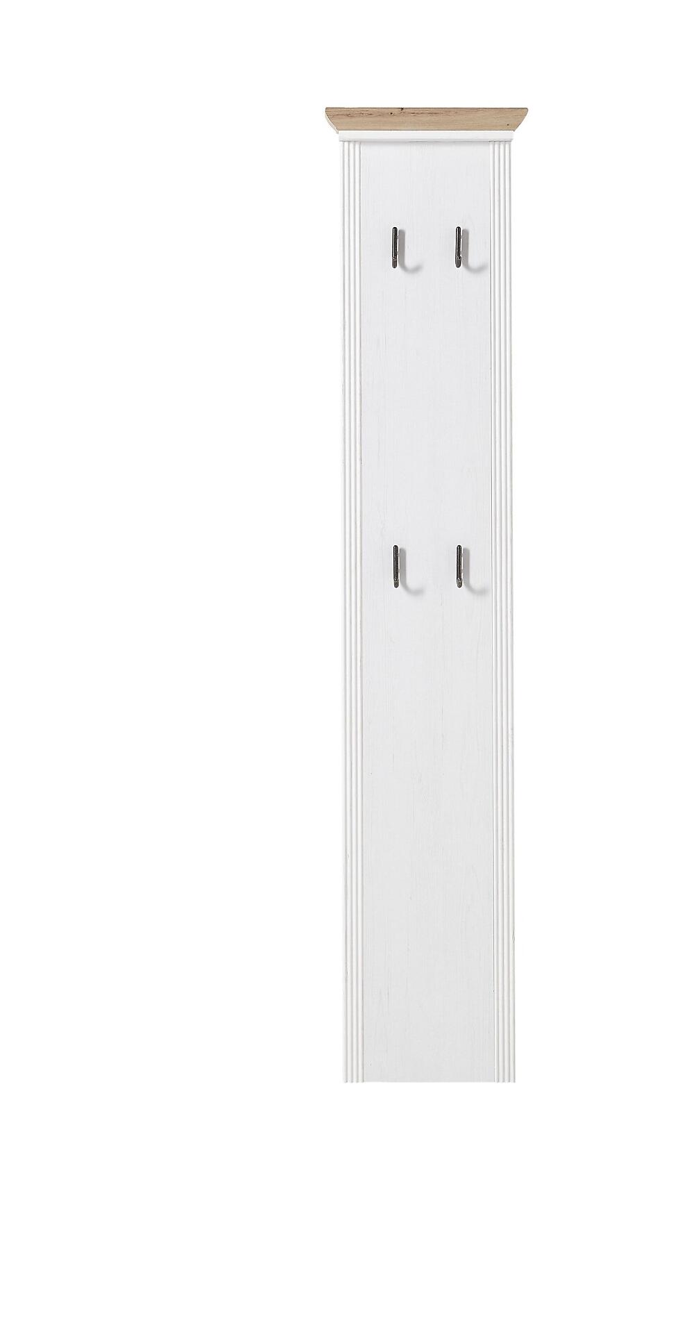 Garderobenpaneel Jasmin aus Artisan Eiche Nb und weißer Pinie hell MDF mit zwei Kleiderhaken, dargestellt in einer frontalen Perspektive.