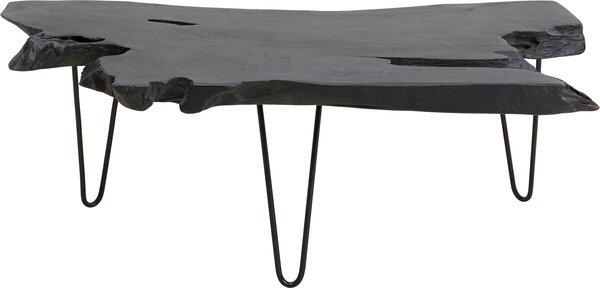 Couchtisch Aspen Schwarz mit rustikaler Teakholzplatte in organischer Form und schlanken, schwarz pulverbeschichteten Metallbeinen im Mid-Century-Modern-Design.