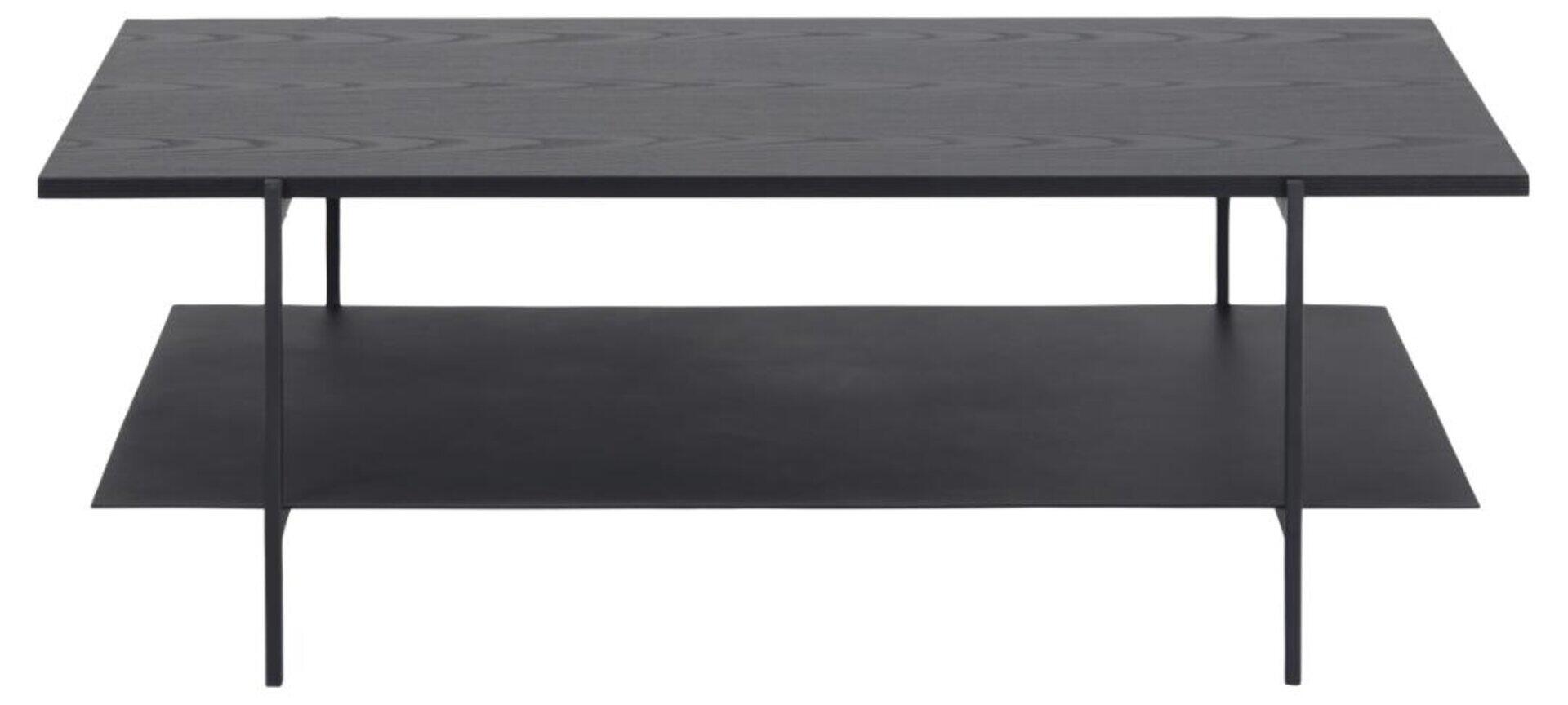 Couchtisch Angus mit rechteckiger schwarzer Tischplatte, filigranen Metallbeinen und einer zusätzlichen schwarzen Ablagefläche.