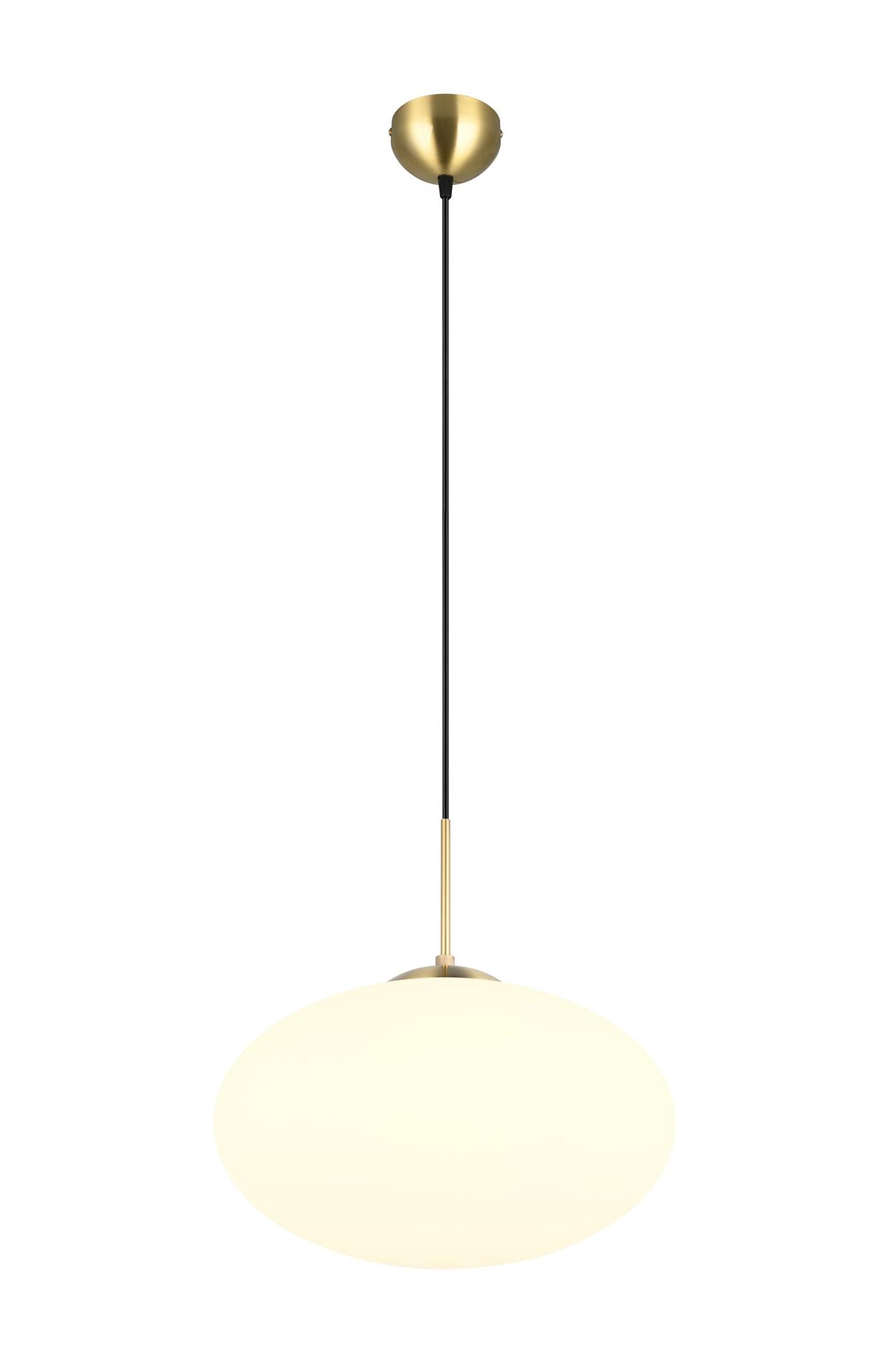 Pendelleuchte Fomento mit goldener Hängevorrichtung, langem Stiel und opalweißem Glas, dargestellt in frontaler Perspektive.