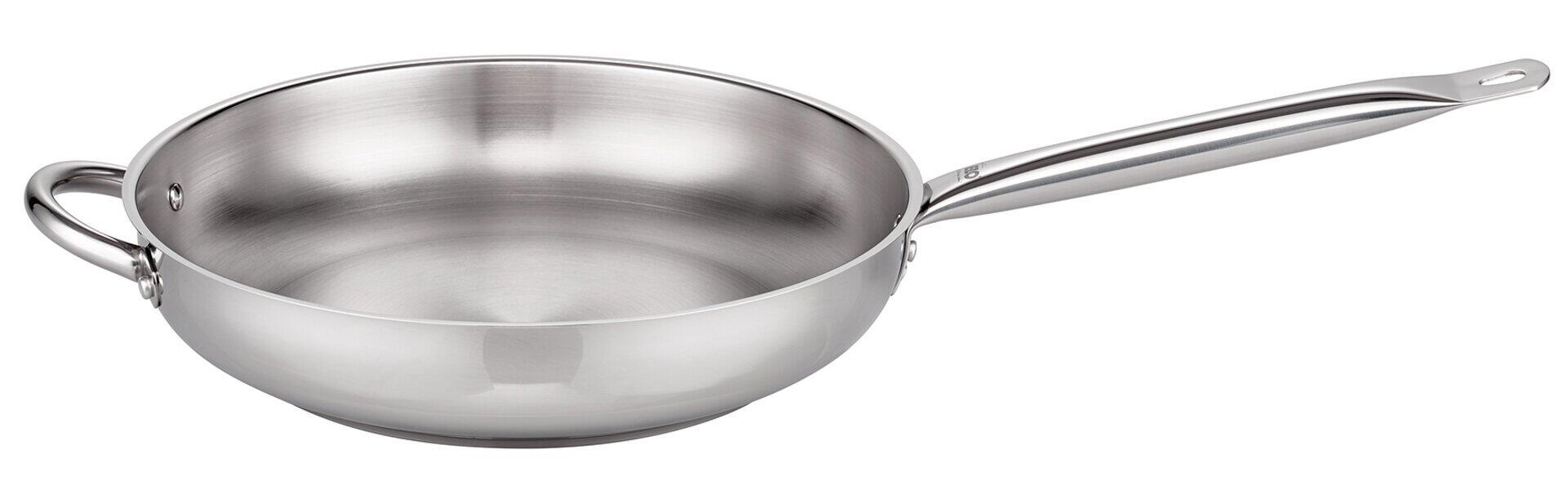 Bratpfanne Profi Therm, Edelstahl, Detailaufnahme des Innenraums mit rundem Griff und Kapselboden für energiesparendes Kochen.