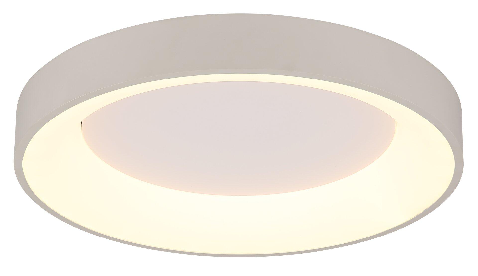 Deckenleuchte GALLEGOS mit rundem, weißem Aluminiumgehäuse und flächigem LED-Lichtbild in Frontalperspektive.