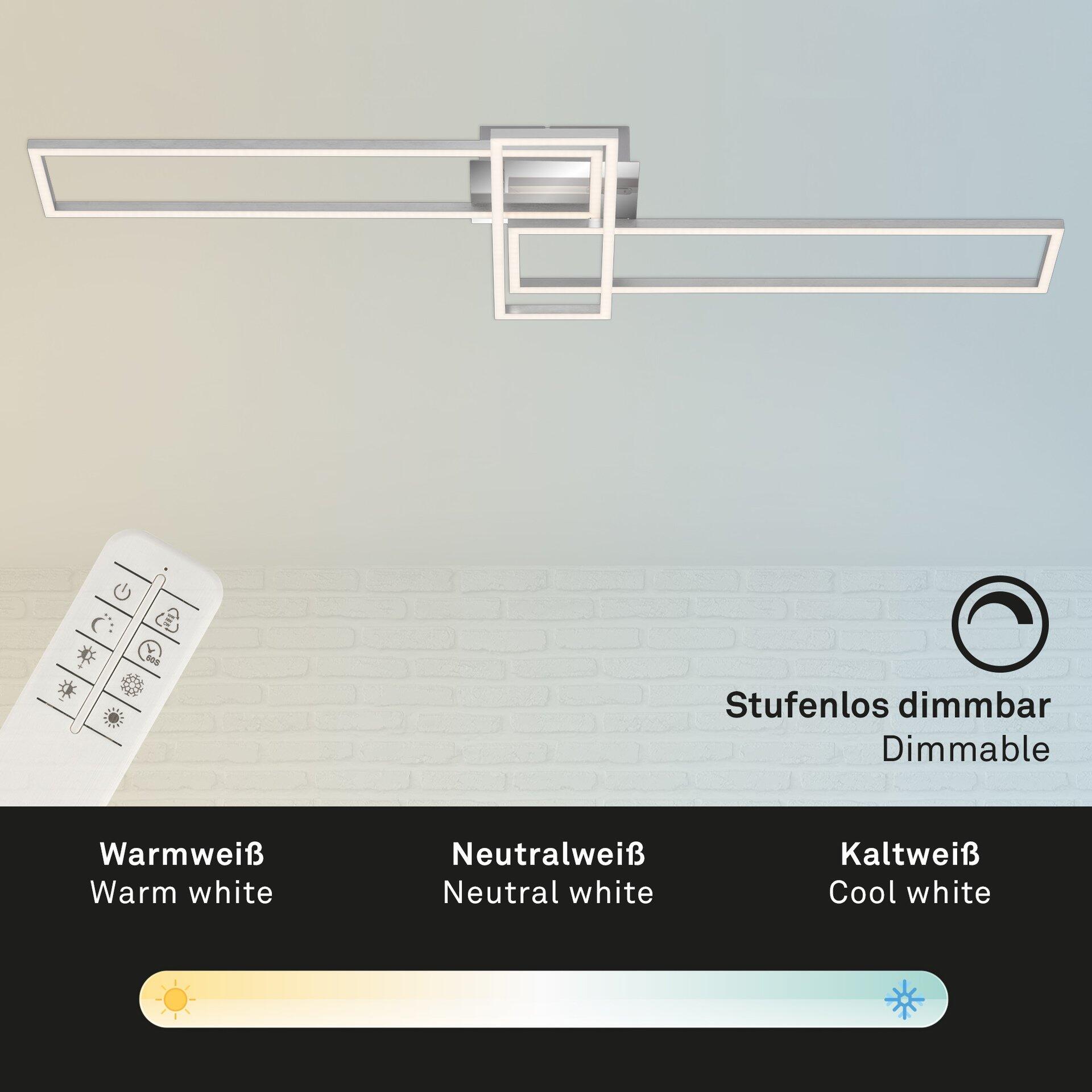 Moderne Wandleuchte Frame mit rechteckiger Leuchtfläche in einem filigranen Rahmen, schräg an der Wand montiert und mit Fernbedienung dimmbar und in verschiedenen Weißtönen einstellbar.