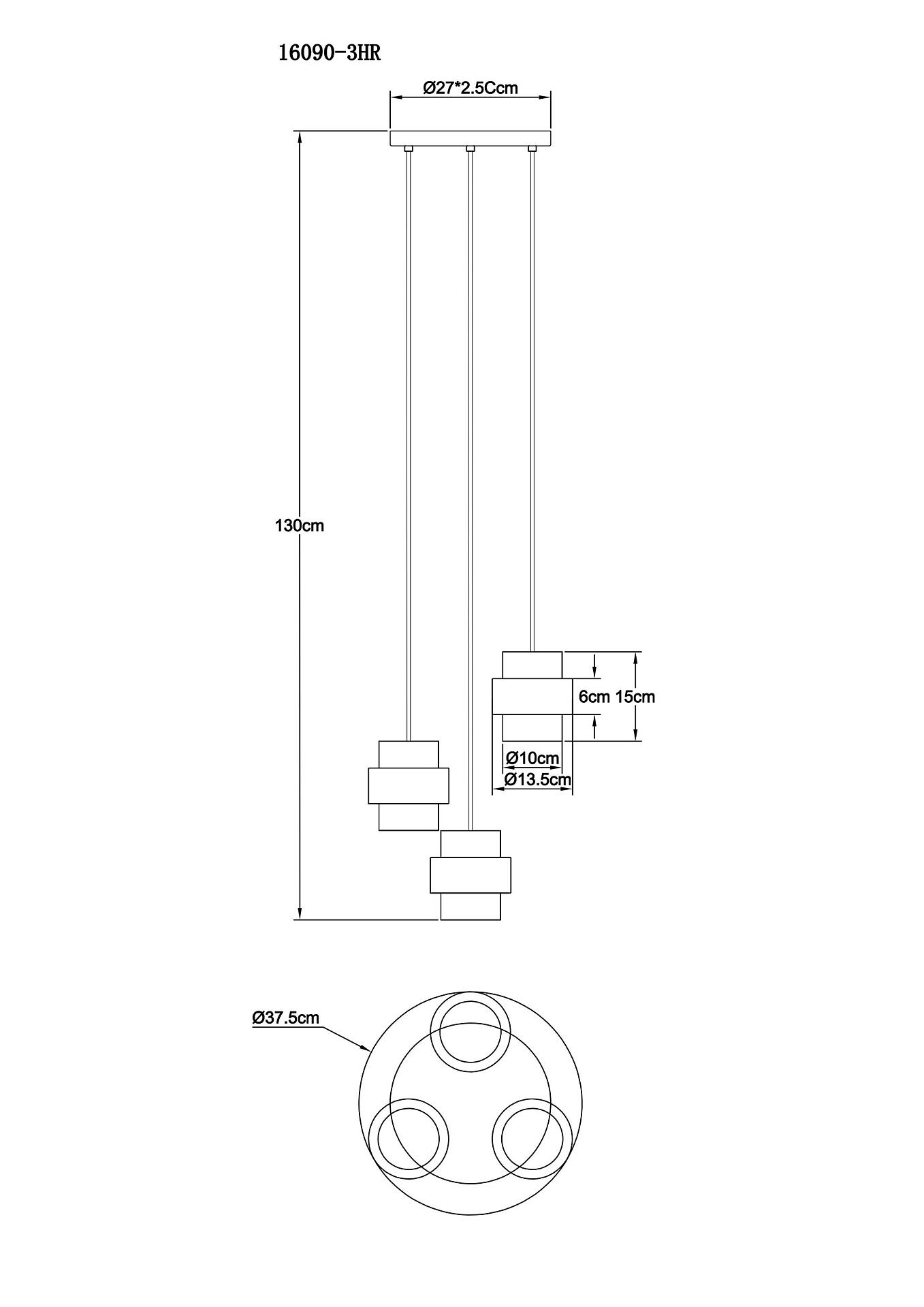 Technische Zeichnung der Hängeleuchte DAREN mit Deckenplatte (Ø 37,5 cm), drei silbernen Leuchtenkörpern (Ø 10 cm) und kürzbarer Länge (H: 130 cm).
