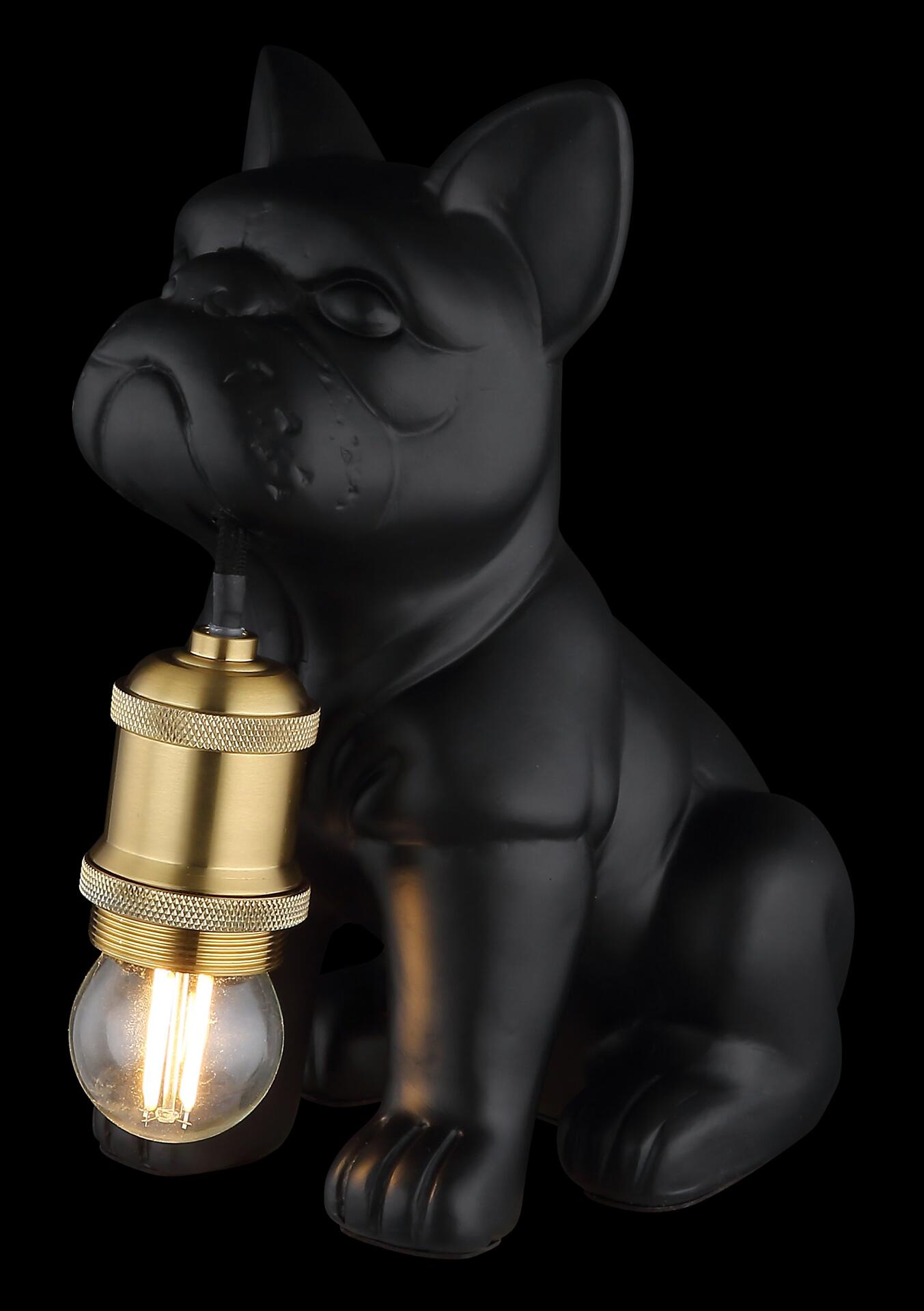 Tischleuchte DOGO mit dekorativer Bulldoggen-Figur und Edison-Glühbirne, die einen warmen Lichtschein abwirft.