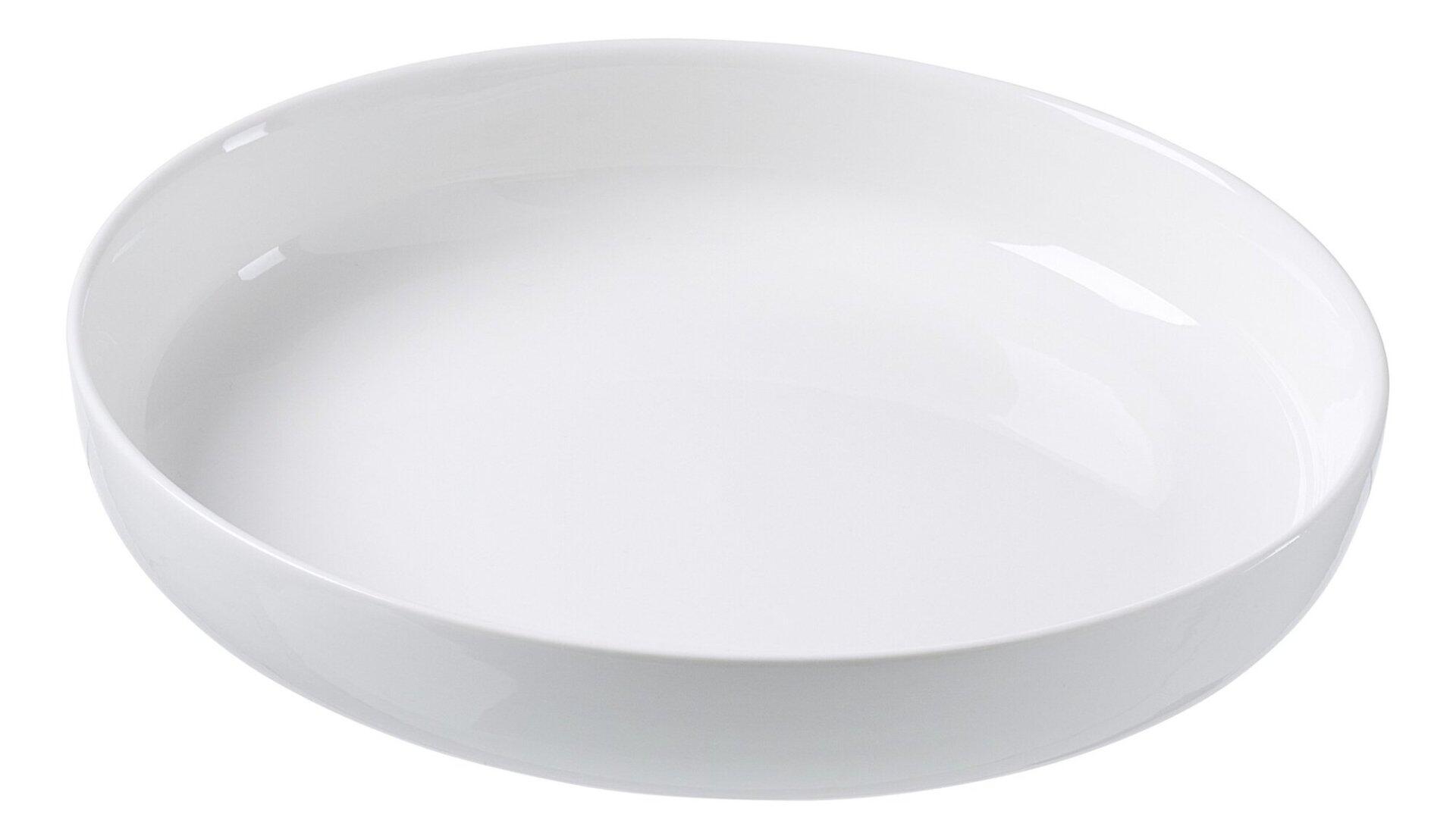 Runder Pastateller Skagen von Ritzenhoff & Breker, aus weißem Material, leicht erhöht fotografiert, zeigt die glatte und abgerundete Form.