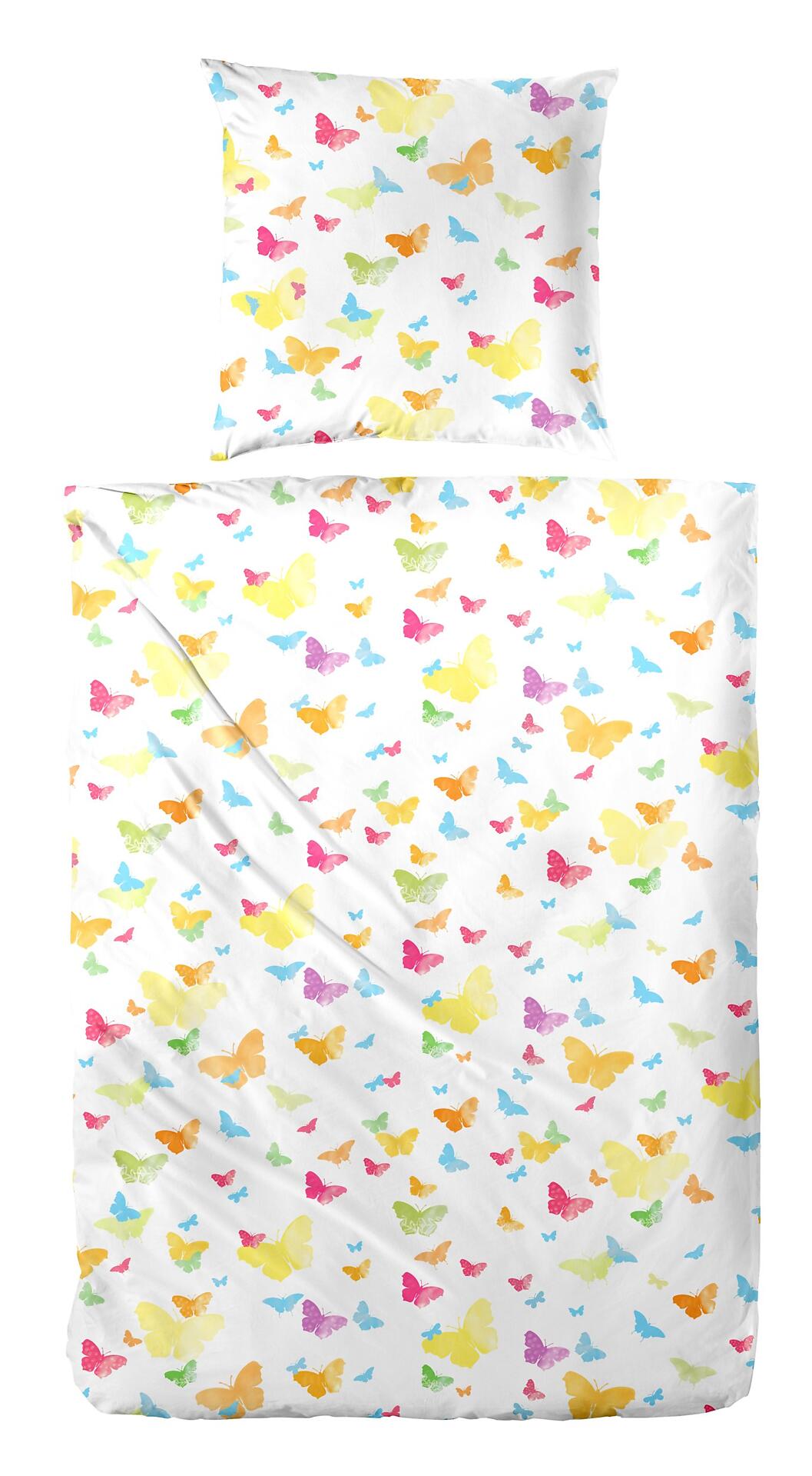 Bettwäsche-Set Vingt-Cinq Papillon mit verspieltem Motiv aus gelben, roten und bunten Schmetterlingen, abgebildet aus Vogelperspektive.