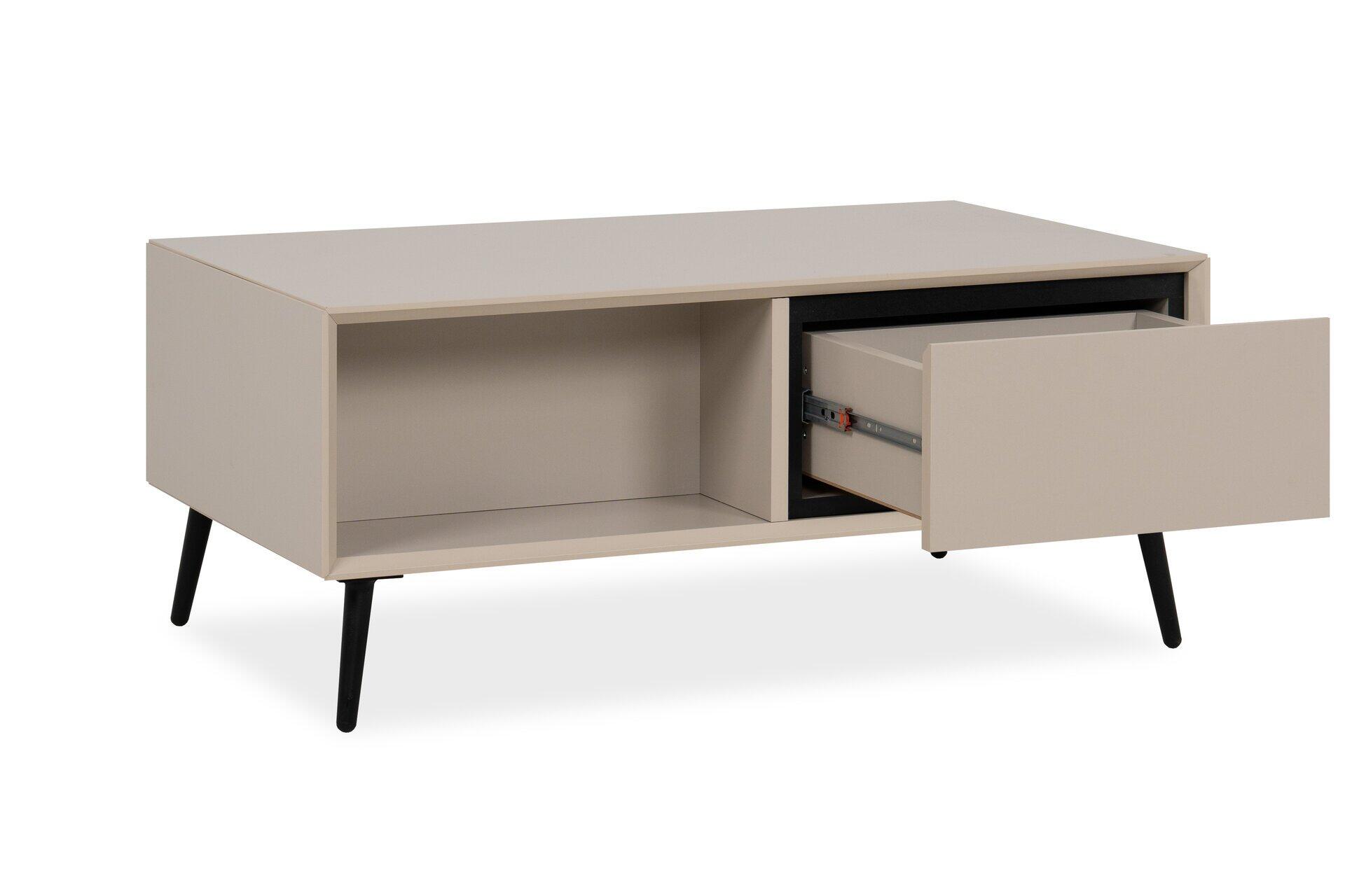 Hellgraues Sideboard Arona 55A mit Rundfuß, offener Nische links und teilgeöffneter Schublade mit sichtbarer Gleitschiene rechts.