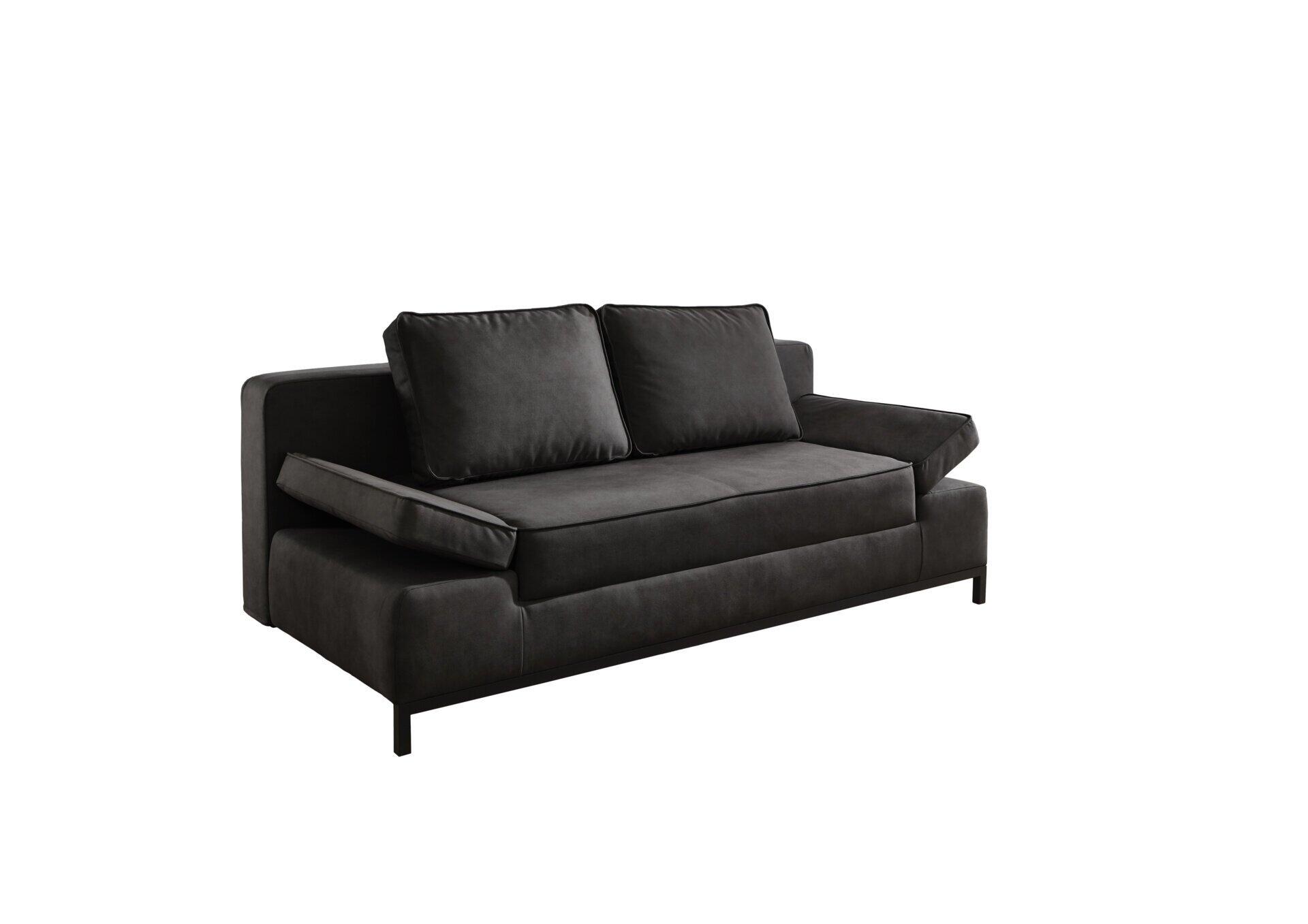 Schlafsofa Jarney SO150 in Grau mit hoher, gerader Rückenlehne, abgerundeten Armlehnen und schwarzen Kunststofffüßen, gezeigt aus leicht erhöhter Perspektive.