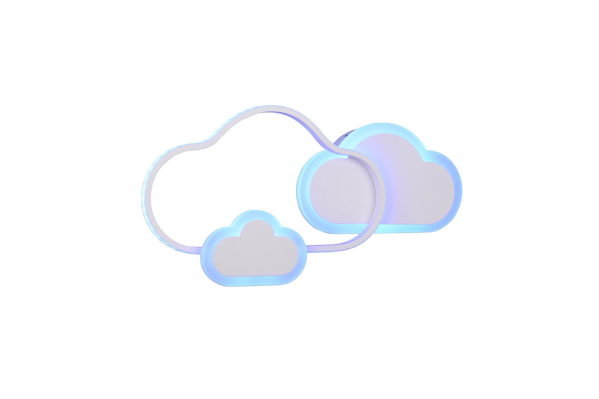 Deckenleuchte Cloudy mit drei nebeneinander angeordneten, blauen LED-beleuchteten Wolkenelementen in einem silberfarbenen Rahmen, die indirekte Beleuchtung demonstriert.