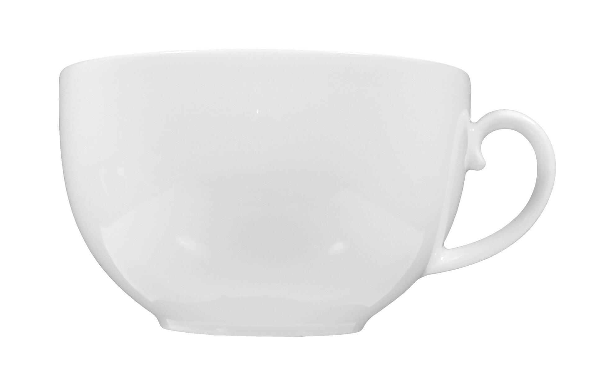 Weißer Milchkaffeebecher "Rondo/Liane" mit gewellter Form und Henkel, detailreich aus Seitenperspektive dargestellt.