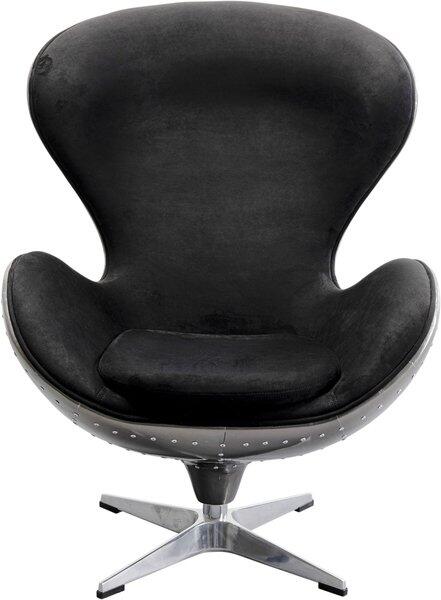 Drehsessel Lounge Black Gun Metal im Eiersessel-Design mit schwarzem Samtbezug, Nietenapplikation und chromfarbenem Drehfuß.