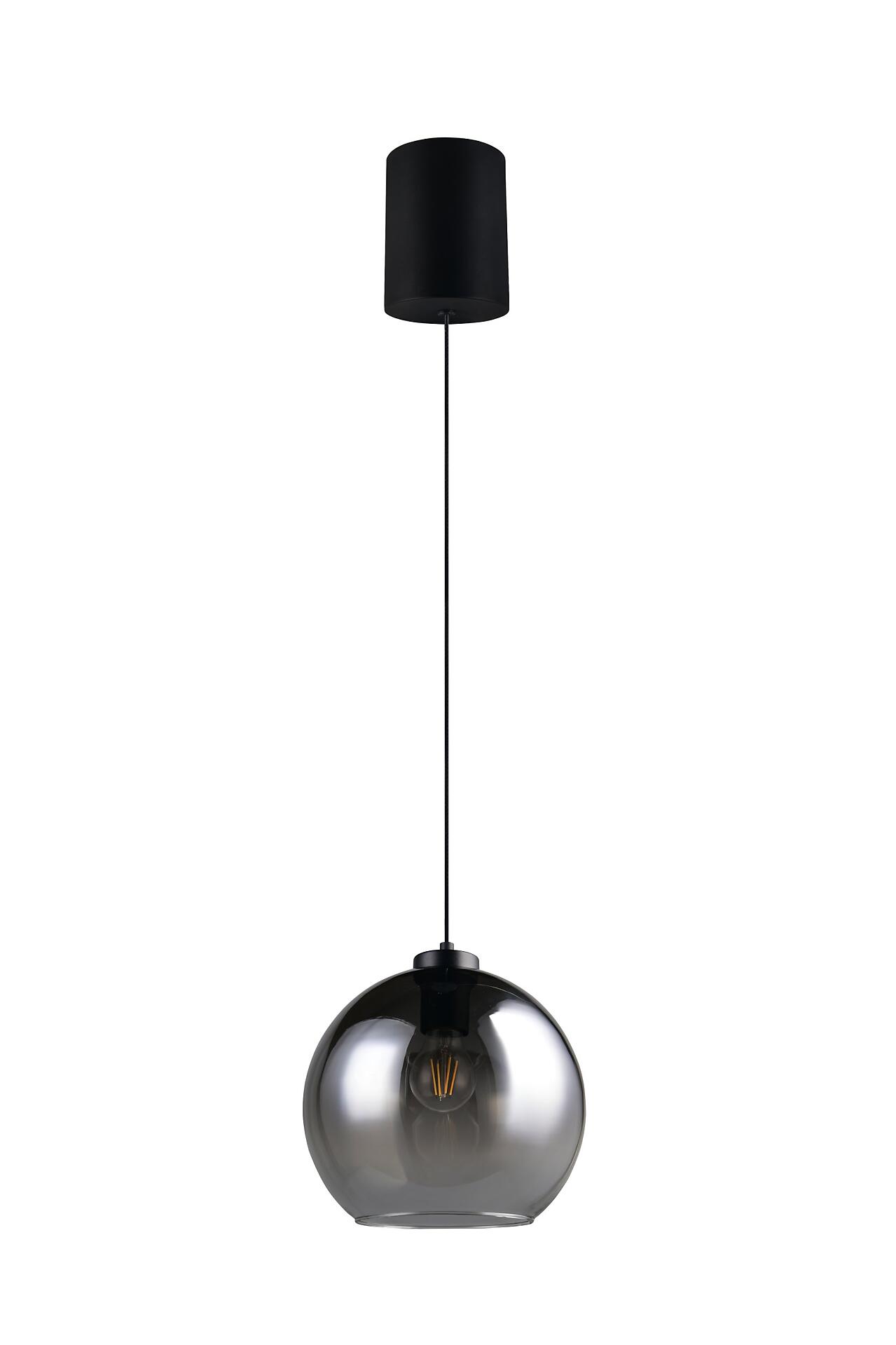 Pendelleuchte Liora mit kugelförmiger Glaskugel und sichtbarem Glühfaden, dargestellt in Frontalperspektive gegen weißen Hintergrund.