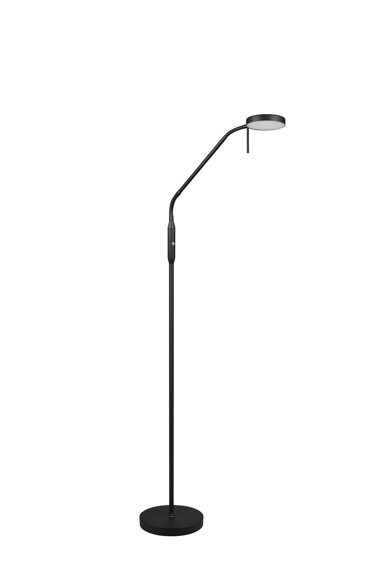 Stehleuchte Moreno mit gebogenem Arm und rundem Lampenkopf, Ansicht von der Seite zur Demonstration des schlanken Designs und des stabilen Fußes.
