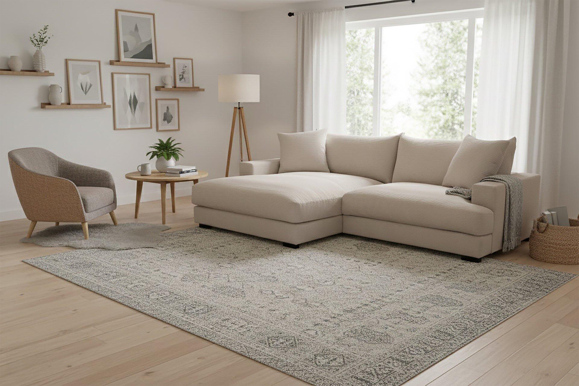 Polsterecke PELLE im hellen Beige mit Kissen und breiten Armlehnen, eingebettet in eine stilvolle Wohnszene mit Teppich, Sessel und Beistelltisch.