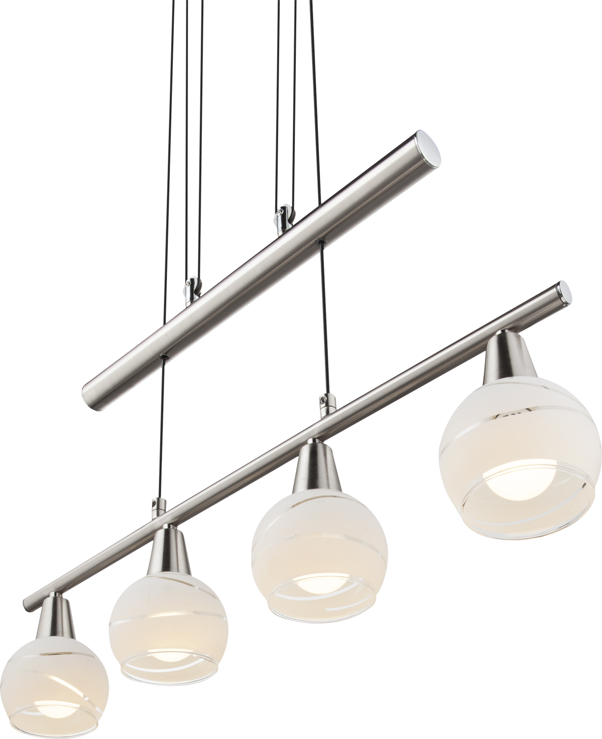 Hängeleuchte ELLIOTT mit vier satinierten Glaskugeln, die an einem silberfarbenen Metallstab hängen und warmweißes Licht ausstrahlen.