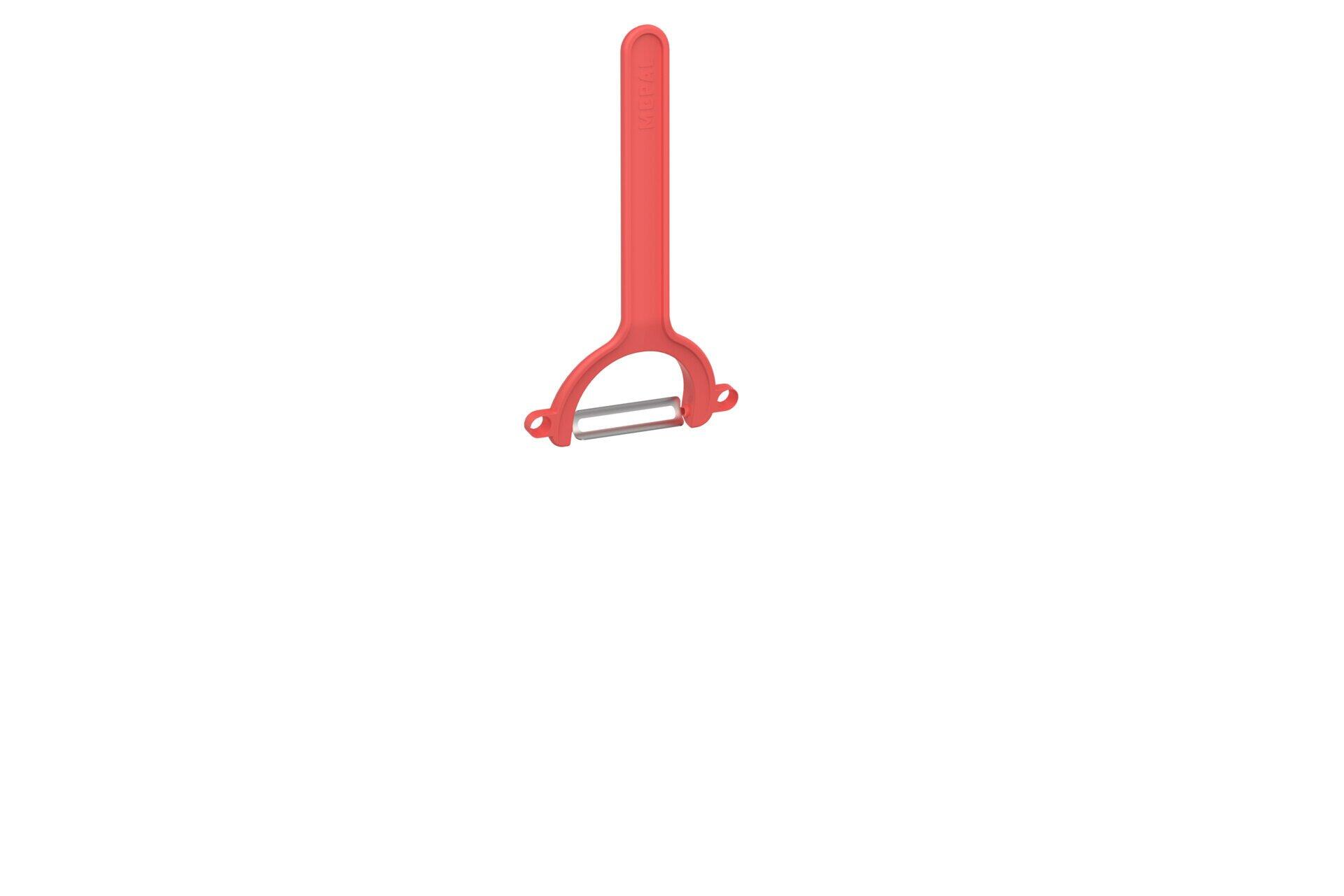 Roter Gemüseschäler Chef it mit ergonomischem Griff und scharfem Messer, frontal aufgenommen.