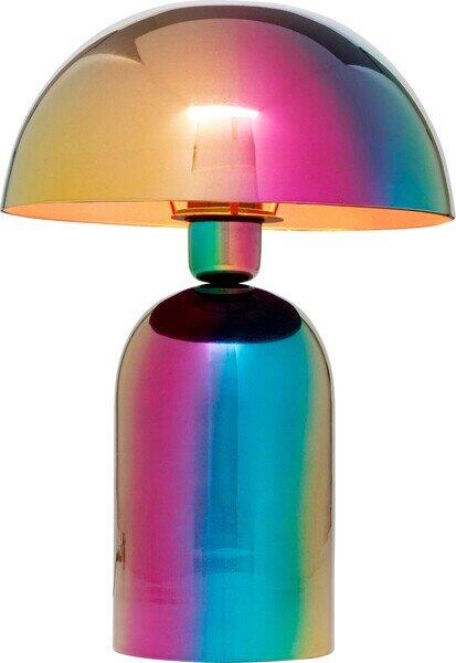 Tischleuchte Rainbow mit irisierendem Lampenfuß in Farbverlauf von Pink über Blaugrün zu Türkis und goldenem Lampenschirm, Frontaufnahme.