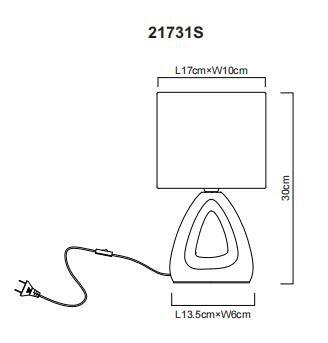 Technische Zeichnung der Tischleuchte TRIANGLE mit zylindrischem Lampenschirm, dreieckigem Lampenkopf und Fuß sowie Abmessungen für Lampenkopf, Fuß und Gesamthöhe.