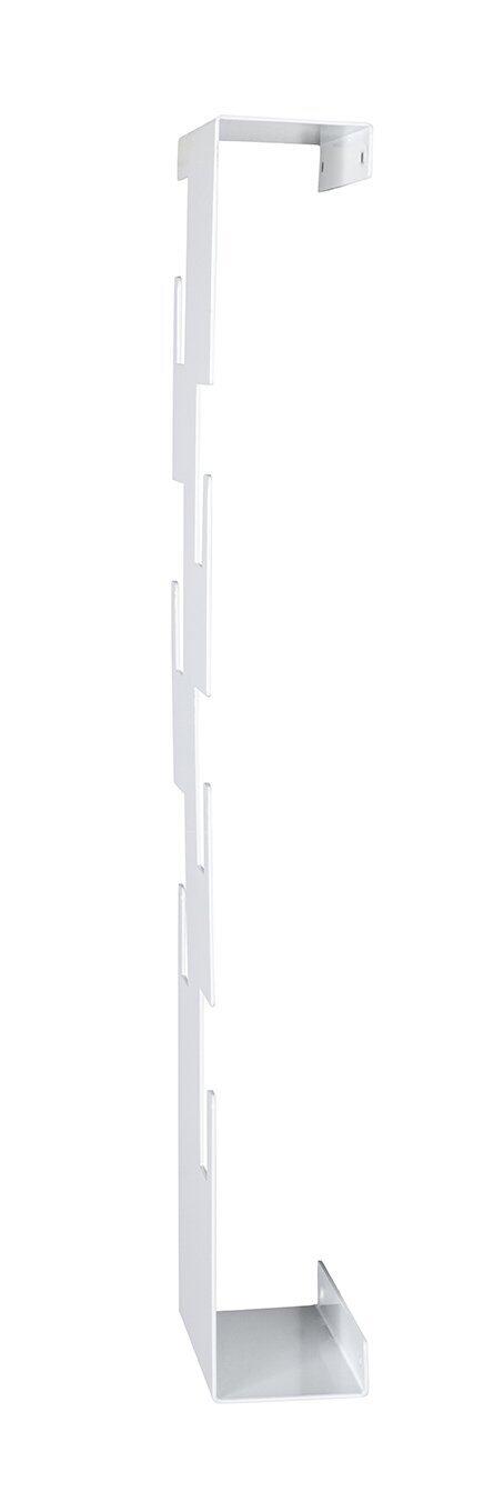 Weiße Wandgarderobe aus Stahl mit sechs Haken, Detailansicht eines Befestigungselements für Kabel oder Rohre.