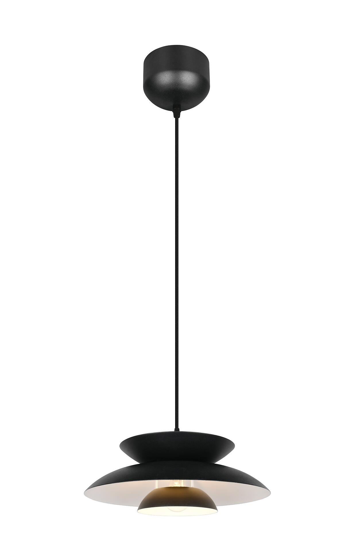Pendelleuchte Amarila aus der Vogelperspektive mit schwarzem Baldachin, Metallstab, kreisrundem Korpus, reflektierender Scheibe und goldfarbener Lichtsammlung.